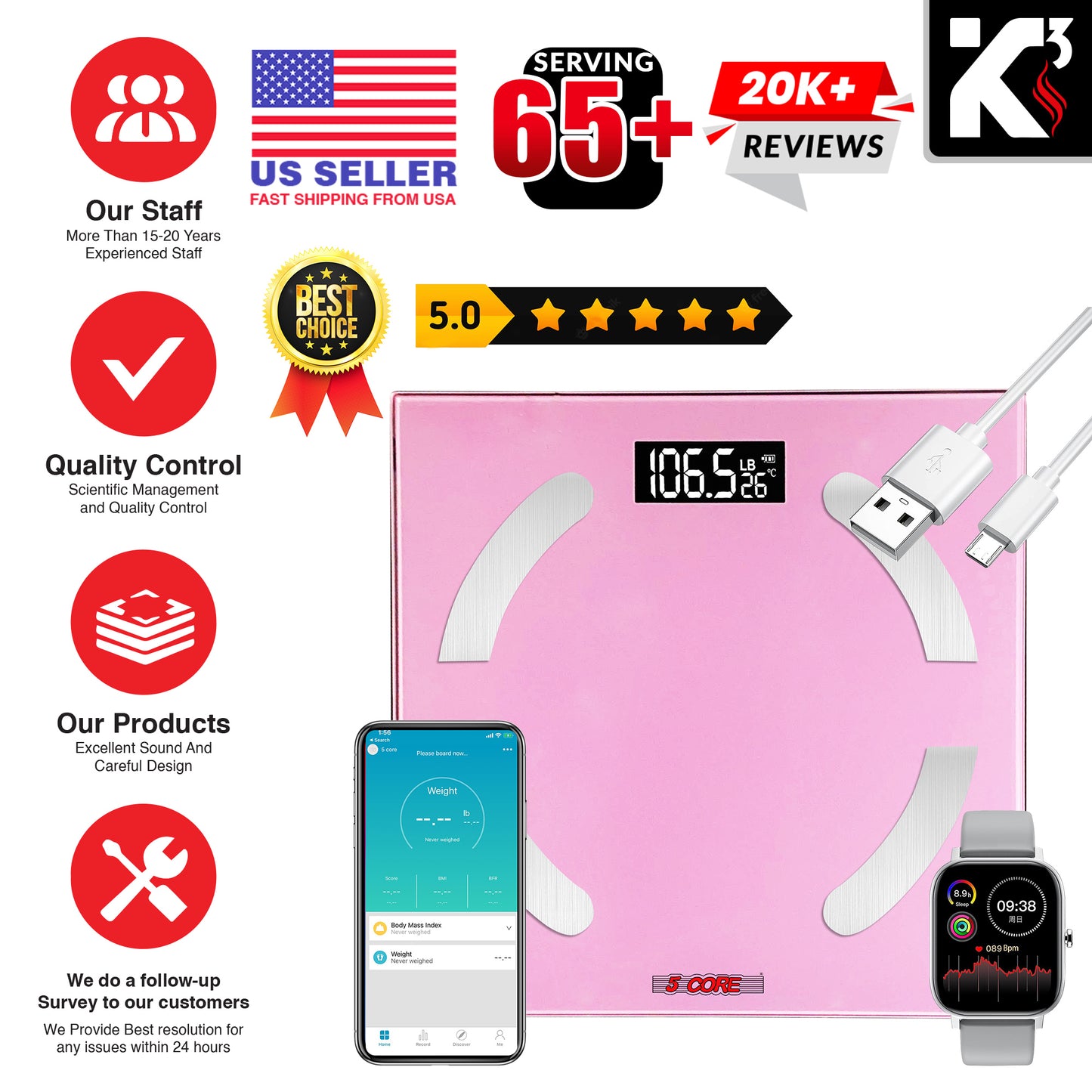 Kcubeinc Rechargeable Smart Digital Bathroom Weighing Scale with Body Fat and Water Weight for People, Bluetooth BMI Electronic Body Analyzer Machine, 400 lbs. BBS 03 R PNK