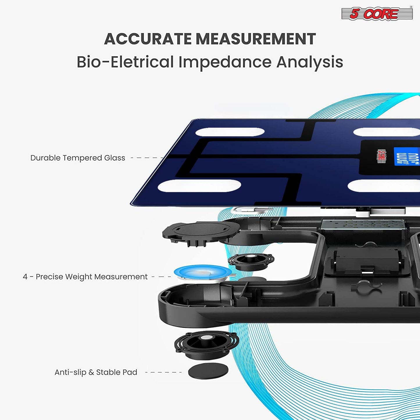 Kcubeinc Rechargeable Smart Digital Bathroom Weighing Scale with Body Fat and Water Weight for People, Bluetooth BMI Electronic Body Analyzer Machine, 400 lbs. BBS VL R BLU