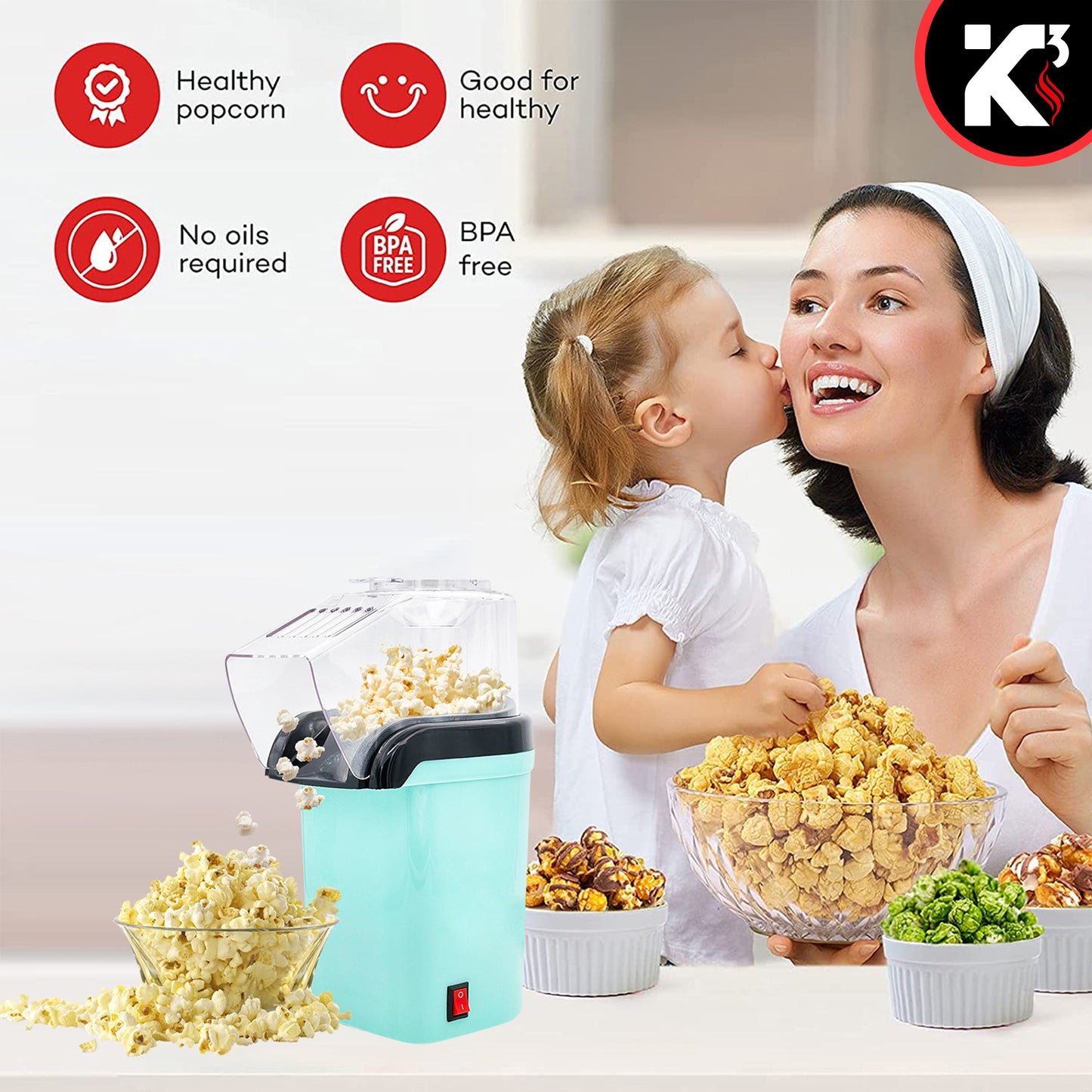 Kcubeinc Popcorn Machine Hot Air Electric Popper Kernel Corn Maker Bpa Free No Oil POP G