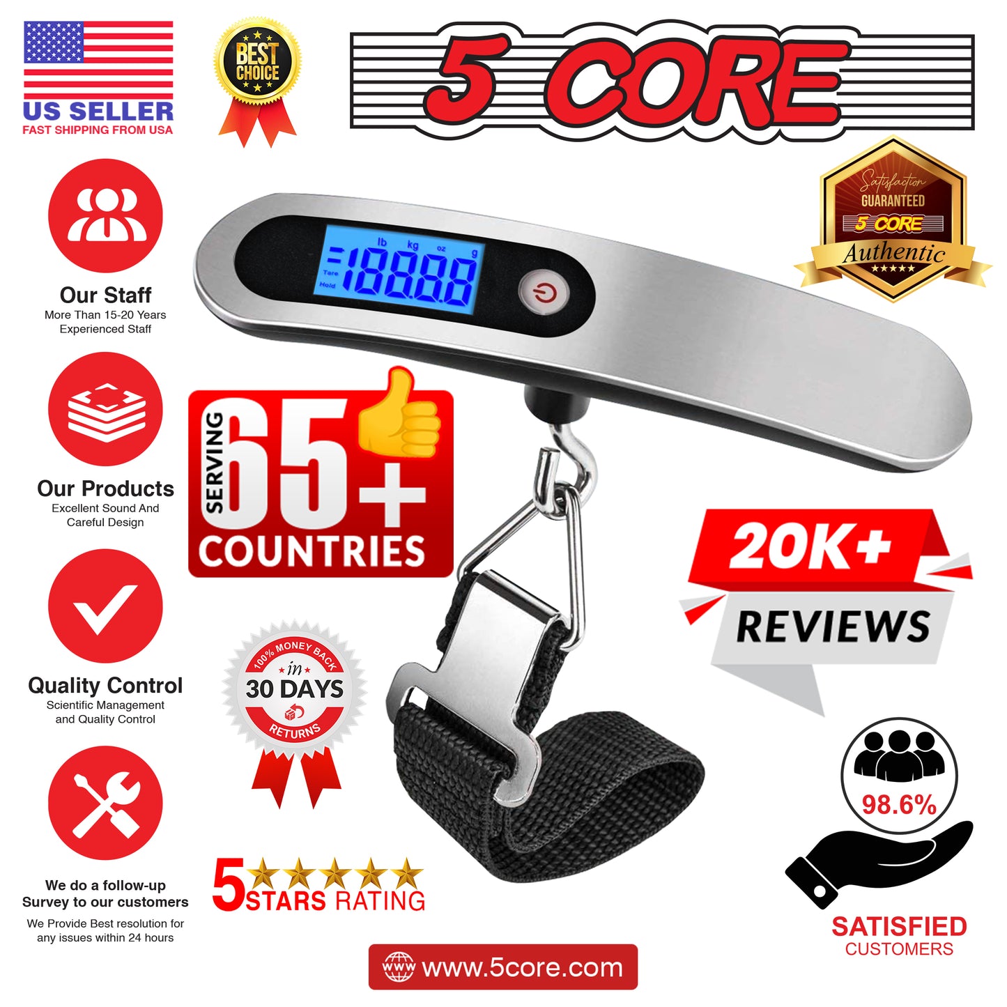 Kcubeinc 110 Pounds Digital Hanging Luggage Scale with Backlit/ Scale for Travel, Rubber Paint Handle and Battery Included- LS-005