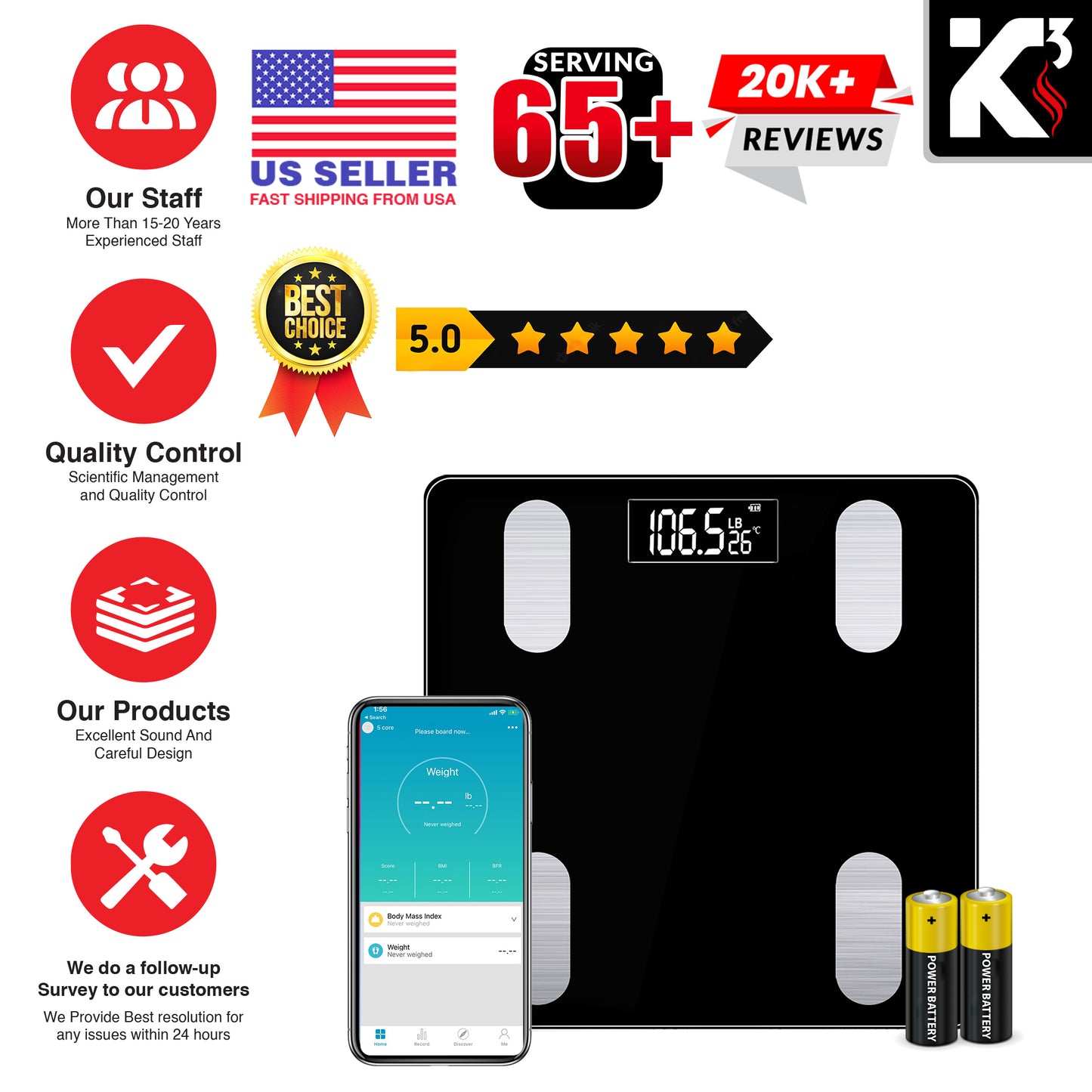 Kcubeinc Smart Digital Bathroom Weighing Scale with Body Fat and Water Weight for People, Bluetooth BMI Electronic Body Analyzer Machine, 400 lbs. BBS VL B BLK