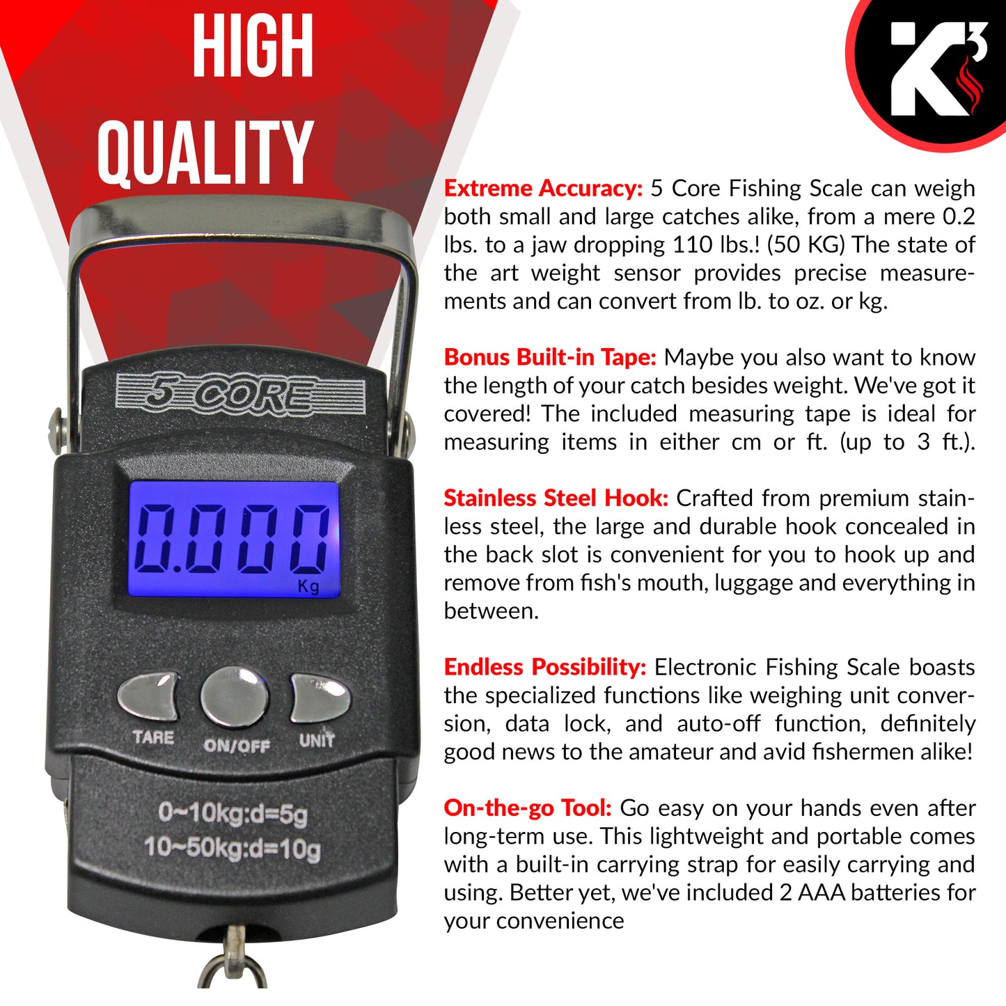Kcubeinc Fish Scale 110lb/50kg Capacity Backlit Blue LCD Display/ Fishing Scale with Built-in Measuring Tape/ Hanging Hook Scale Operates with 2 AAA Batteries- LS-006