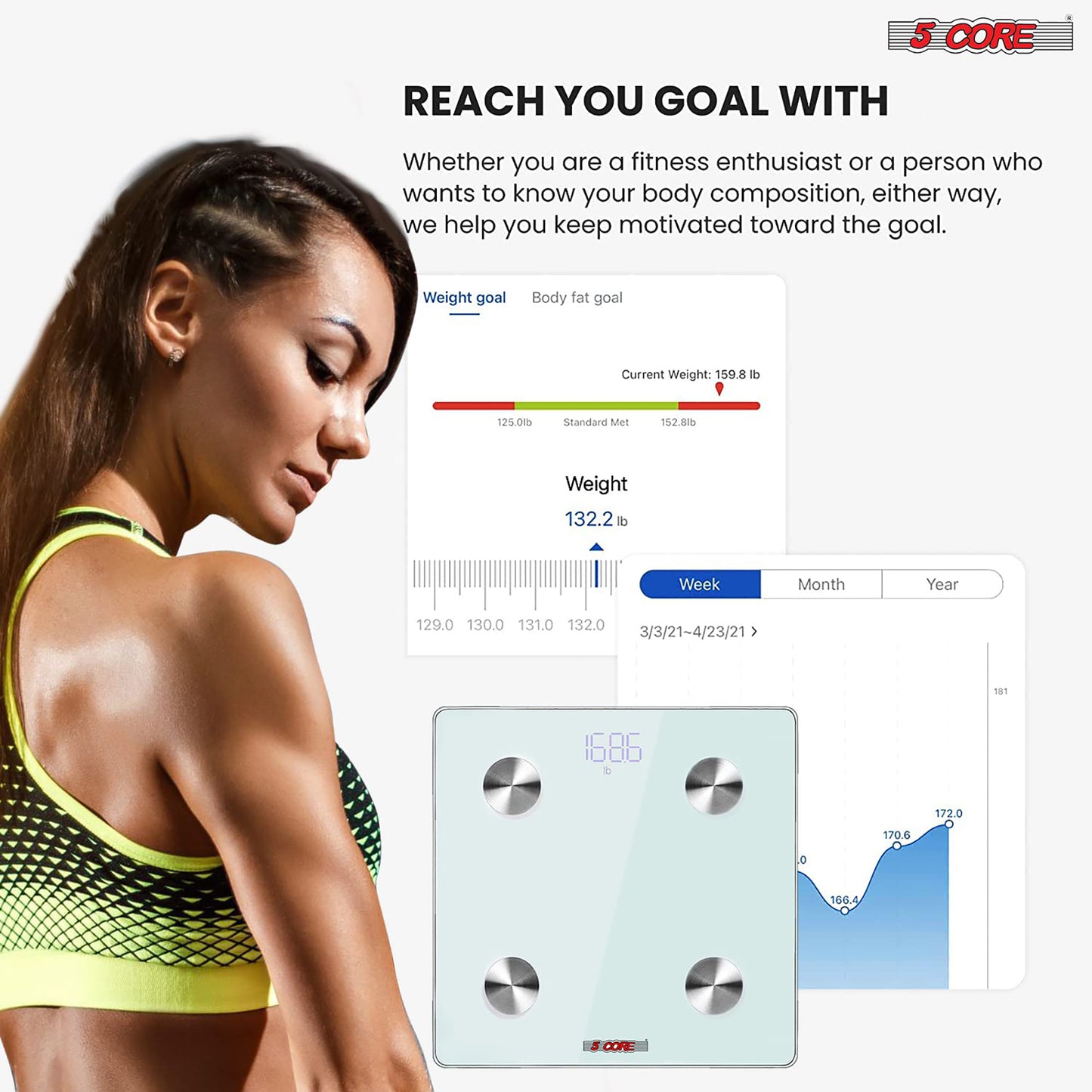 Kcubeinc Rechargeable Smart Digital Bathroom Weighing Scale with Body Fat and Water Weight for People, Bluetooth BMI Electronic Body Analyzer Machine, 400 lbs. BBS DOT R WH