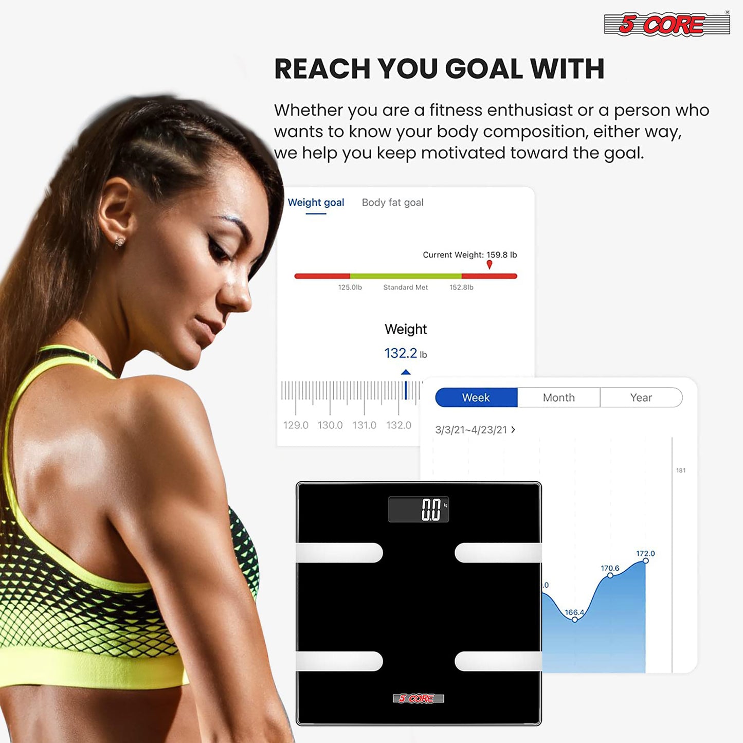 Kcubeinc Rechargeable Smart Digital Bathroom Weighing Scale with Body Fat and Water Weight for People, Bluetooth BMI Electronic Body Analyzer Machine, 400 lbs. BBS HL R BLK