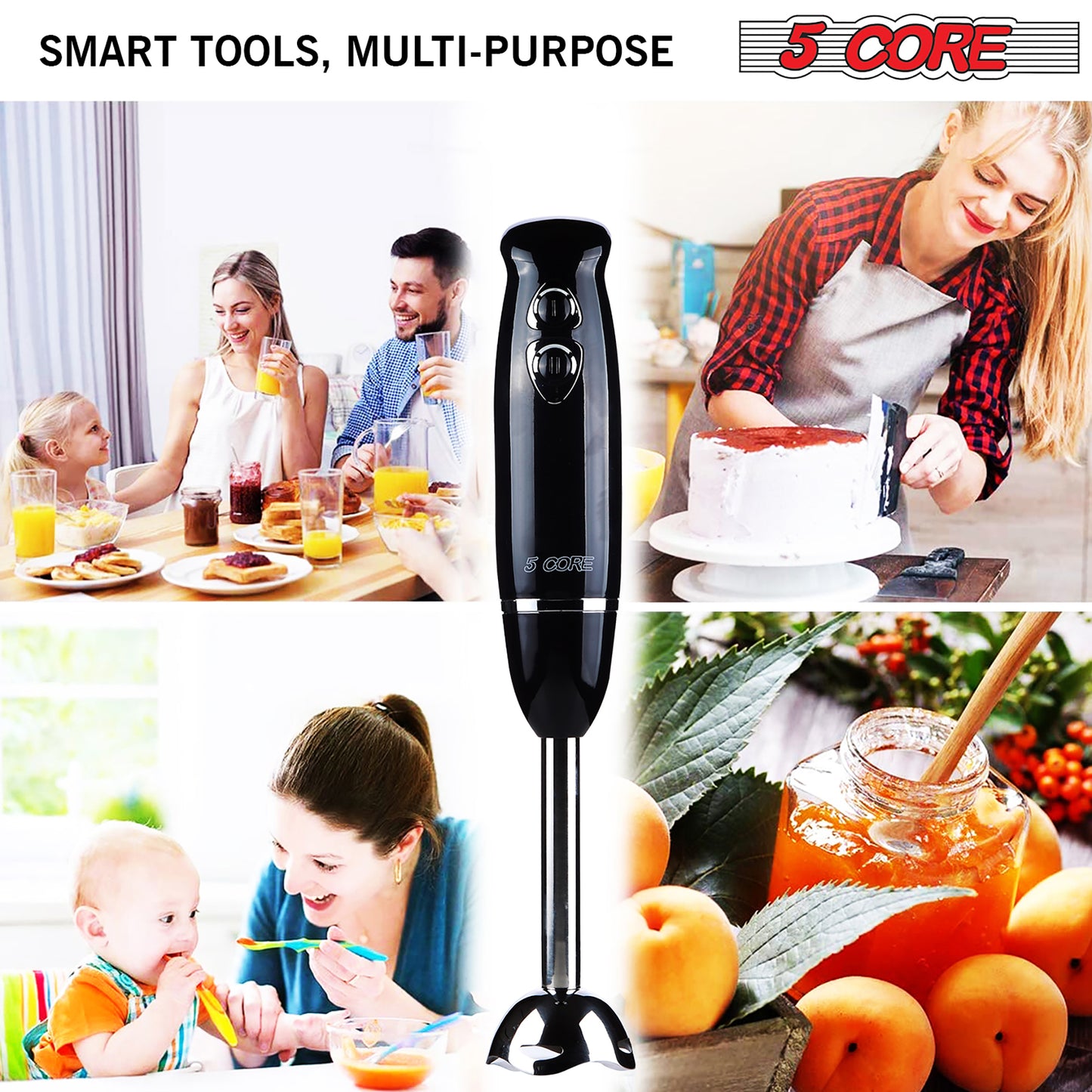 Powerful Immersion Blender Black| 500 Watt Multi-Purpose Hand Blender Heavy Duty Copper Motor w/ Steel Finish | for Soup, Smoothie, Puree, Baby Food, 304 Stainless Steel Blades- HB 1510 BLK