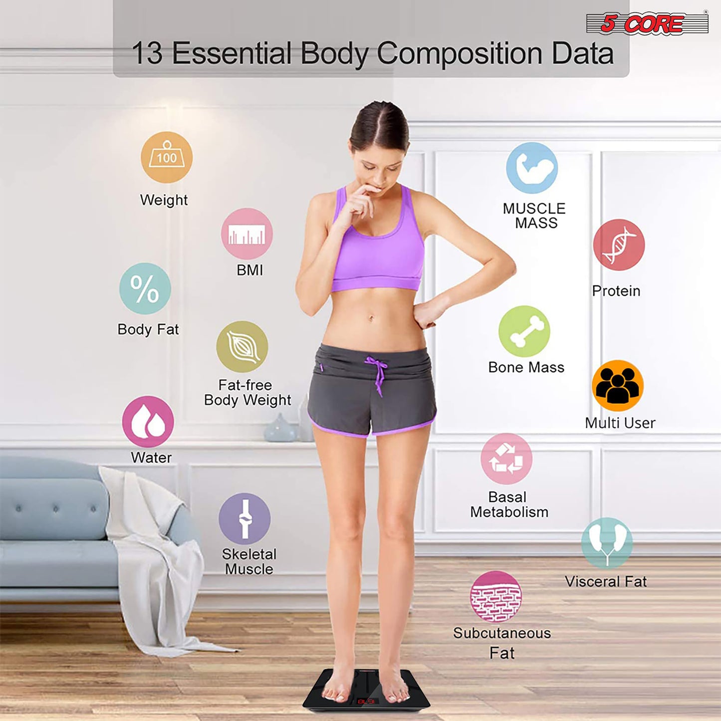 Kcubeinc Rechargeable Smart Digital Bathroom Weighing Scale with Body Fat and Water Weight for People, Bluetooth BMI Electronic Body Analyzer Machine, 400 lbs. BBS DOT R BLK