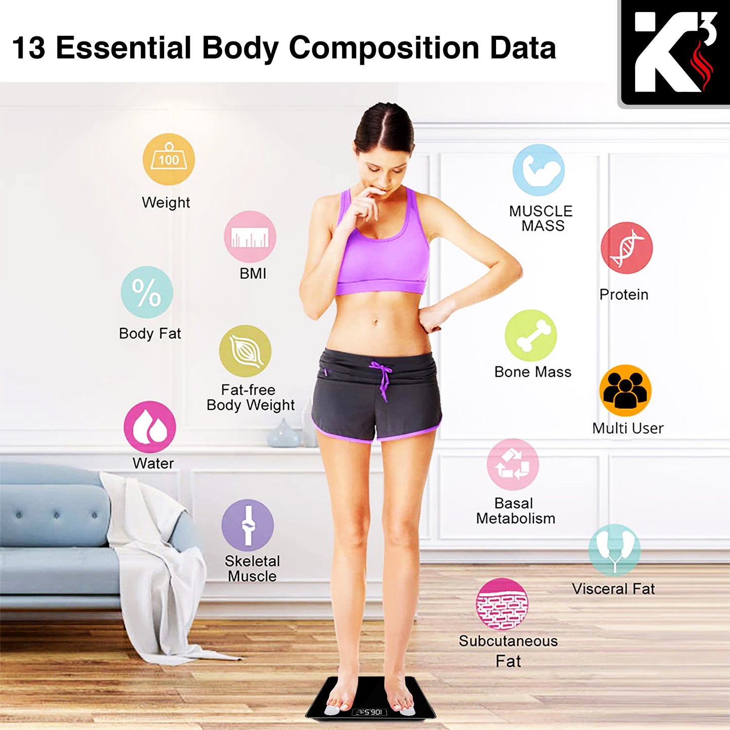 Kcubeinc Smart Digital Bathroom Weighing Scale with Body Fat and Water Weight for People, Bluetooth BMI Electronic Body Analyzer Machine, 400 lbs. BBS VL B BLK