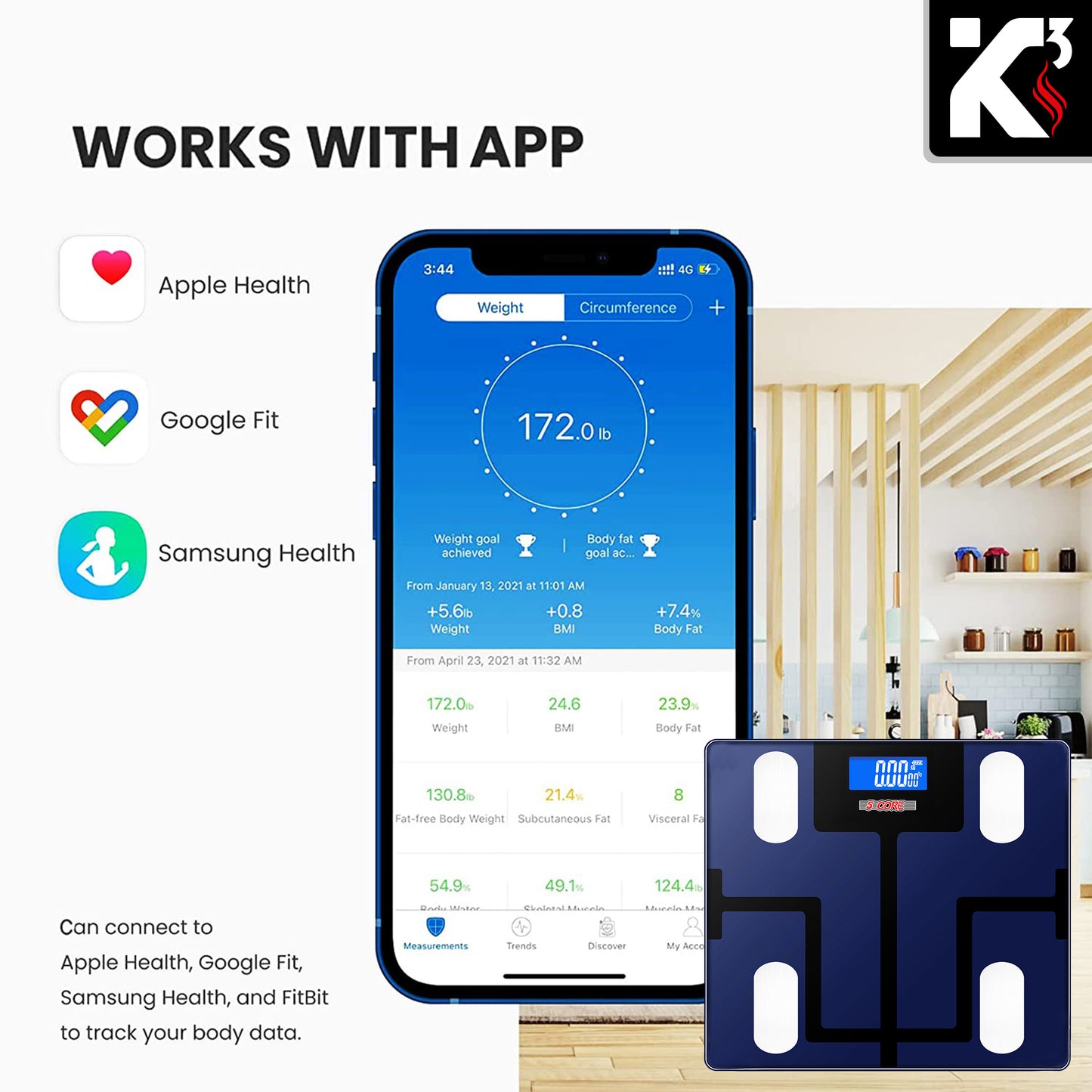 Kcubeinc Smart Digital Bathroom Weighing Scale with Body Fat and Water Weight for People, Bluetooth BMI Electronic Body Analyzer Machine, 400 lbs. BBS VL B BLU