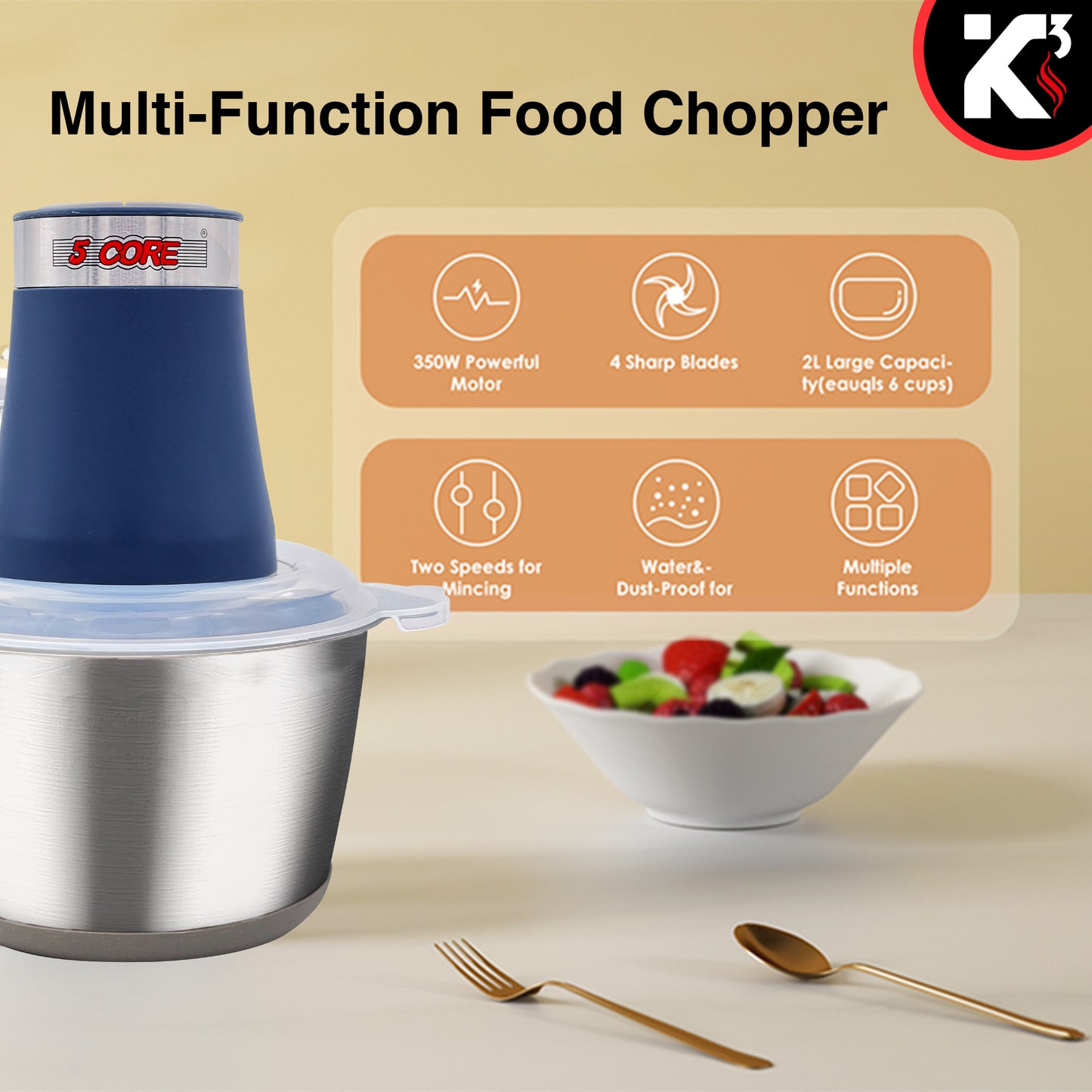 Kcubeinc Food Processor 300W Motor/ Electric Chopper Heavy Duty Meat Grinder/ 12 Cup Capacity, Stainless Steel Bowl With 2 Speed for Vegetables, Fruits, Nuts, Coffee Beans, Lean Ground Meat- MG S SSB