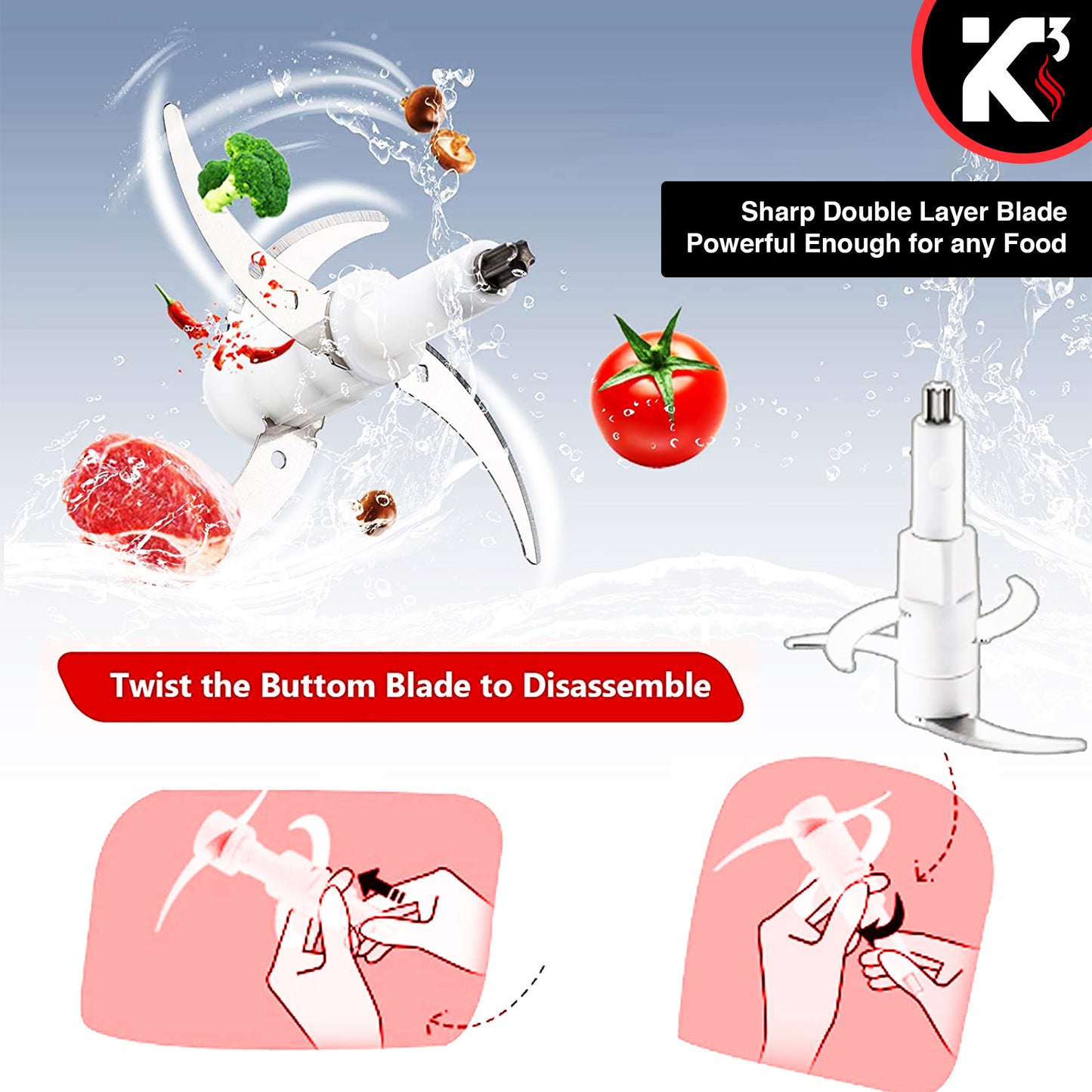 Kcubeinc Electric Food Chopper, 8-Cup Food Processor/ Stainless Steel Motor Unit, and 4 Sharp Blades/ 2L Glass Bowl Grinder for Meat, Vegetables, Fruits and Nuts- MG S GB