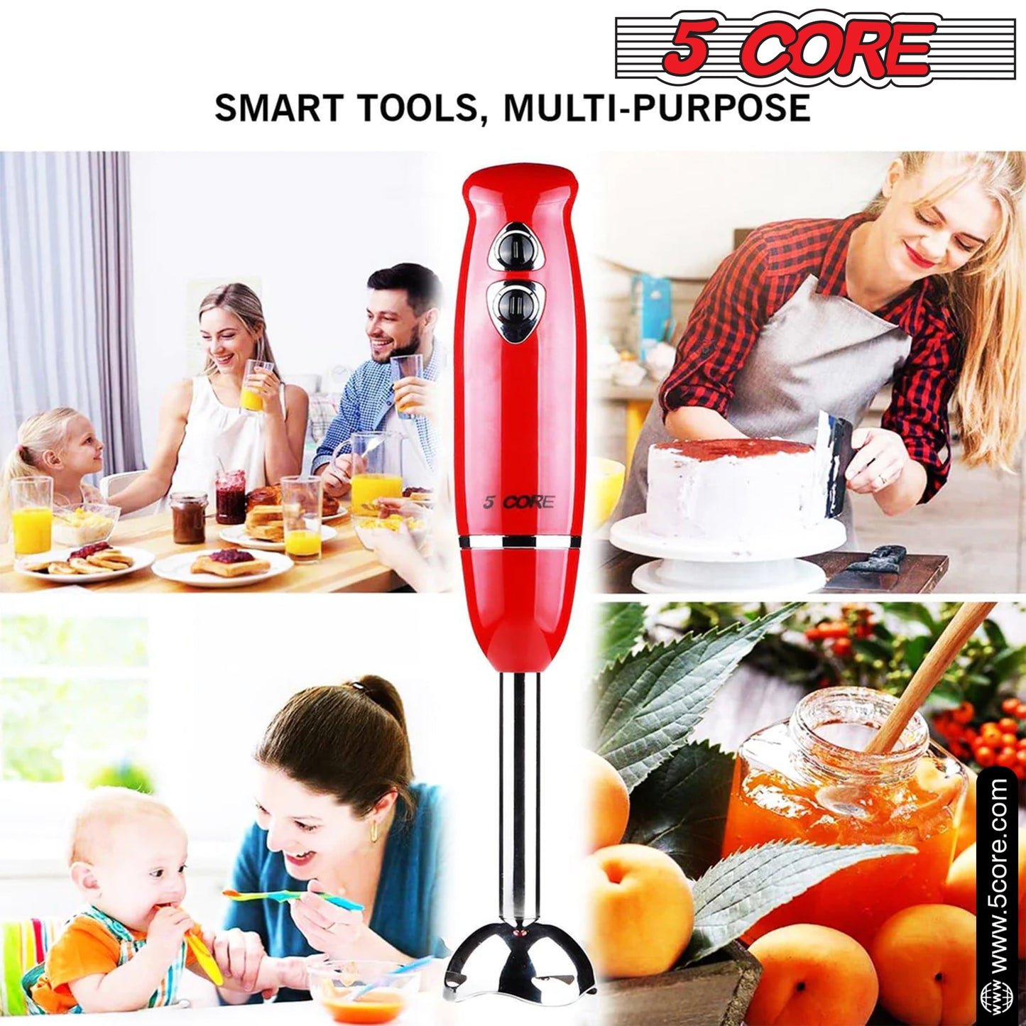 Powerful Immersion Blender Red| 500 Watt Multi-Purpose Hand Blender Heavy Duty Copper Motor Brushed Stainless Steel| for Soup, Smoothie, Puree, Baby Food, 304 Stainless Steel Blades- HB 1510 RED
