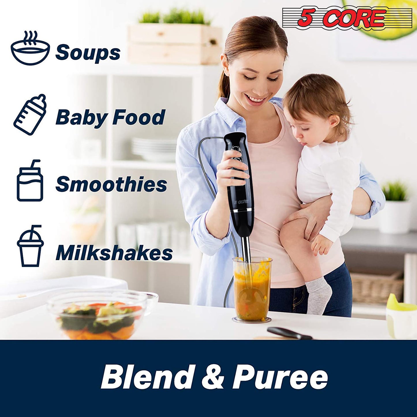 Powerful Immersion Blender Black| 500 Watt Multi-Purpose Hand Blender Heavy Duty Copper Motor w/ Steel Finish | for Soup, Smoothie, Puree, Baby Food, 304 Stainless Steel Blades- HB 1510 BLK