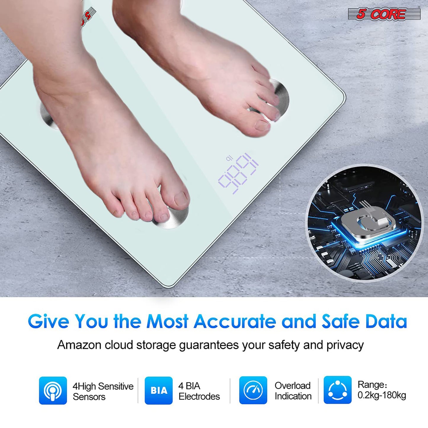 Kcubeinc Rechargeable Smart Digital Bathroom Weighing Scale with Body Fat and Water Weight for People, Bluetooth BMI Electronic Body Analyzer Machine, 400 lbs. BBS DOT R WH