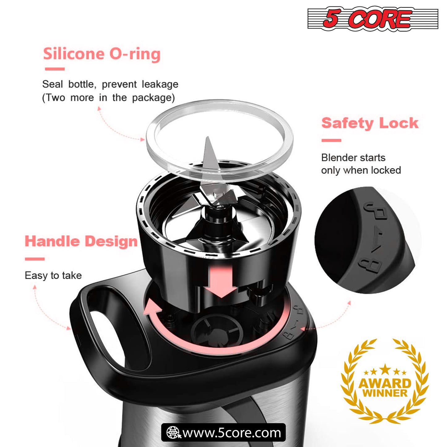 Personal Blender 20 Oz Capacity| BPA Free Food Processor with Portable Bottle 600ml| 300W Electric Motor Powerful Blender with 4 Stainless Steel Blades| For Shakes and Smoothies - 5C 521