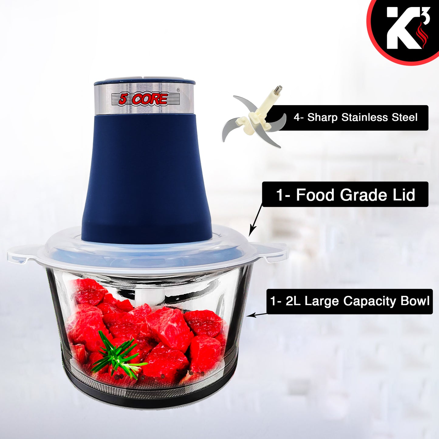 Kcubeinc Electric Food Chopper, 8-Cup Food Processor/ Stainless Steel Motor Unit, and 4 Sharp Blades/ 2L Glass Bowl Grinder for Meat, Vegetables, Fruits and Nuts- MG S GB