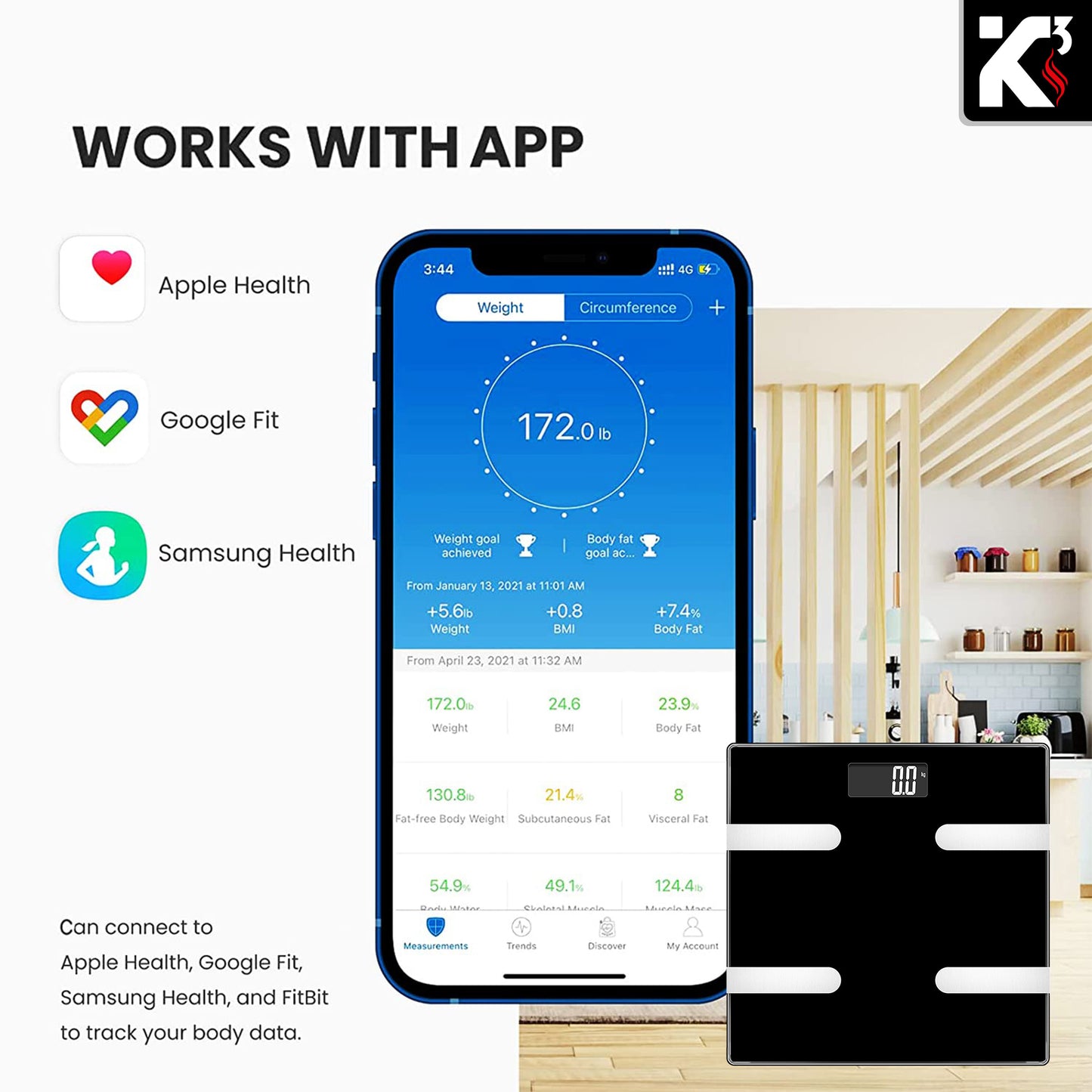 Kcubeinc Smart Digital Bathroom Weighing Scale with Body Fat and Water Weight for People, Bluetooth BMI Electronic Body Analyzer Machine, 400 lbs. BBS HL B BLK