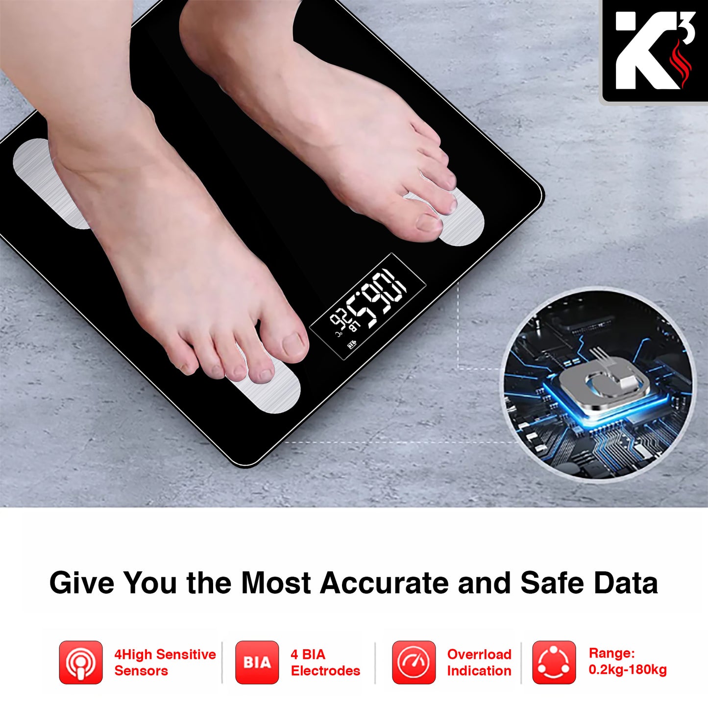 Kcubeinc Smart Digital Bathroom Weighing Scale with Body Fat and Water Weight for People, Bluetooth BMI Electronic Body Analyzer Machine, 400 lbs. BBS VL B BLK