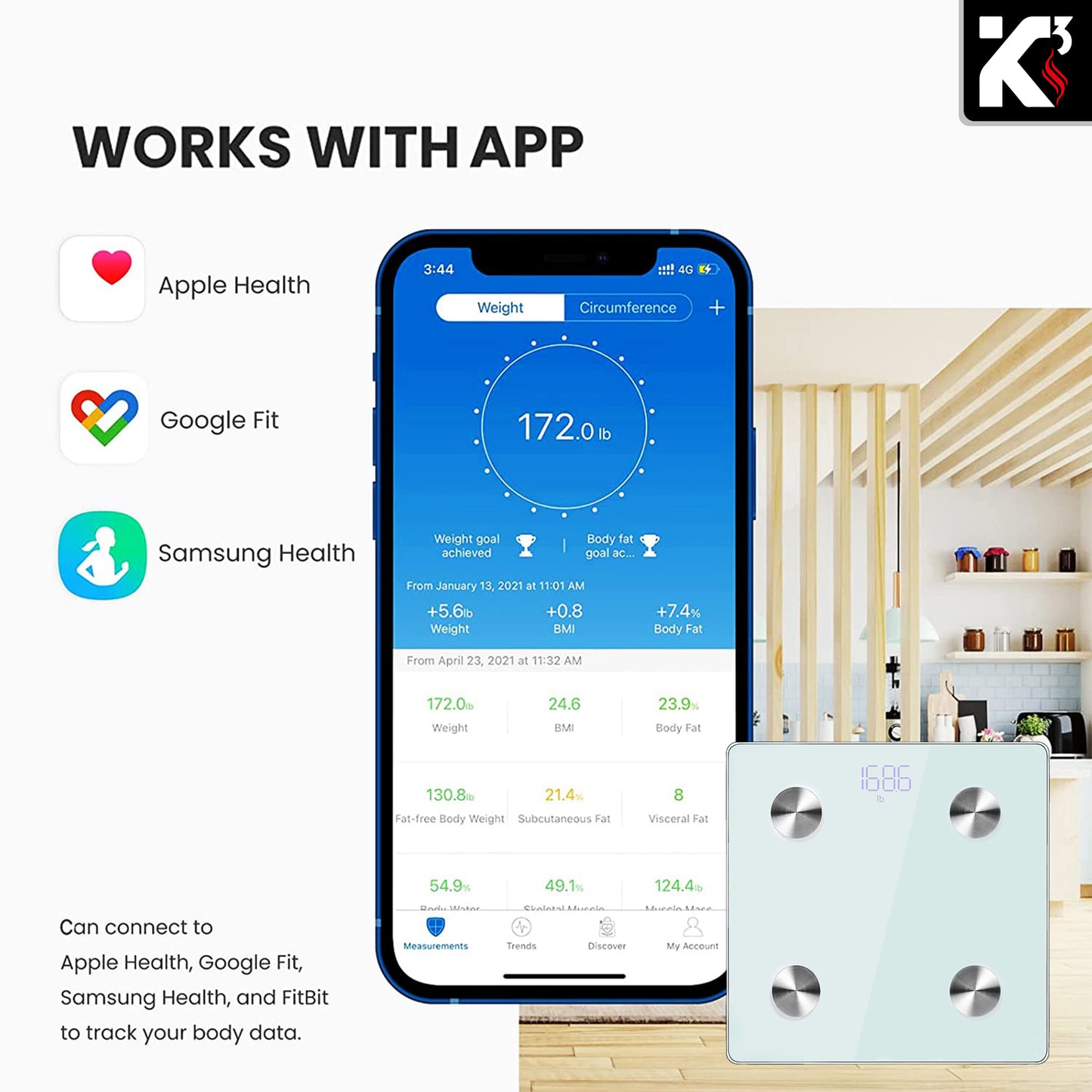 Kcubeinc 2 Pieces Smart Digital Bathroom Weighing Scale with Body Fat and Water Weight for People, Bluetooth BMI Electronic Body Analyzer Machine, 400 lbs. BBS DOT B WH