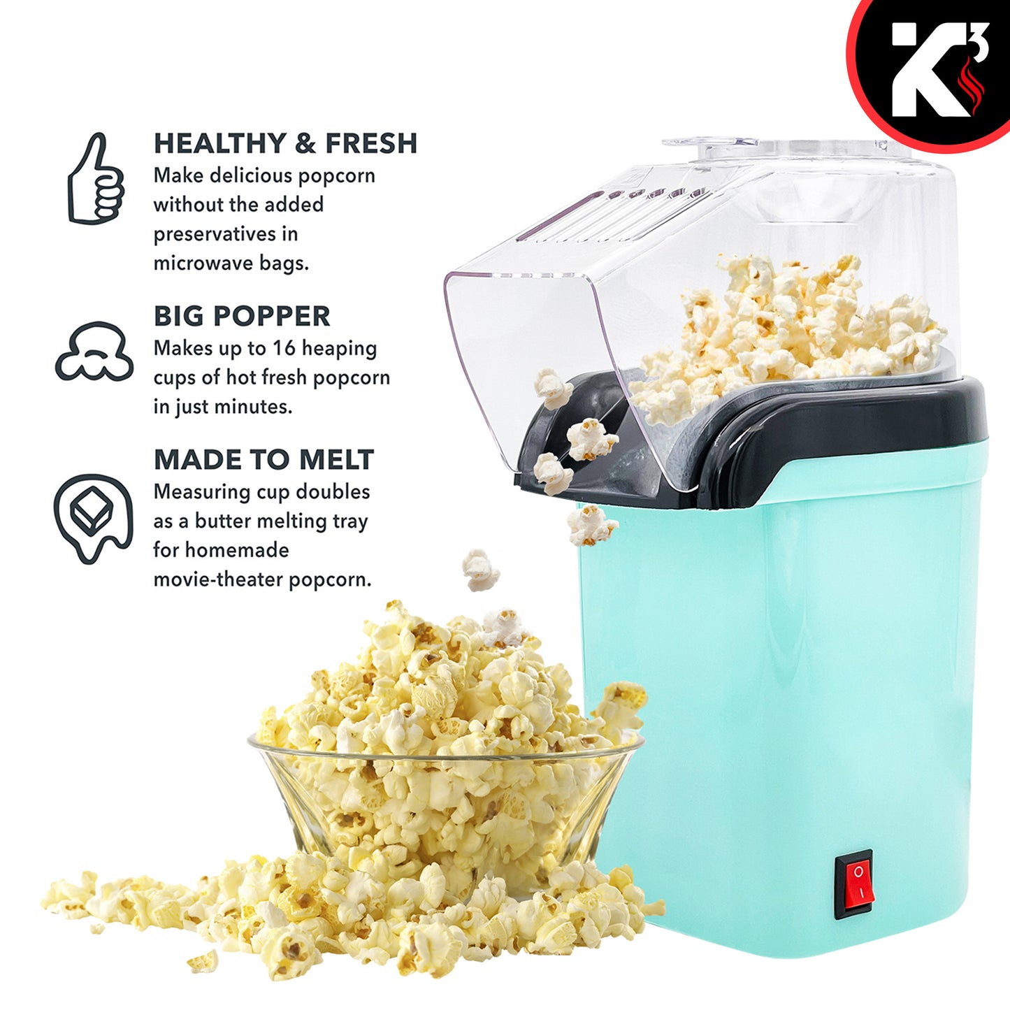 Kcubeinc Popcorn Machine Hot Air Electric Popper Kernel Corn Maker Bpa Free No Oil POP G