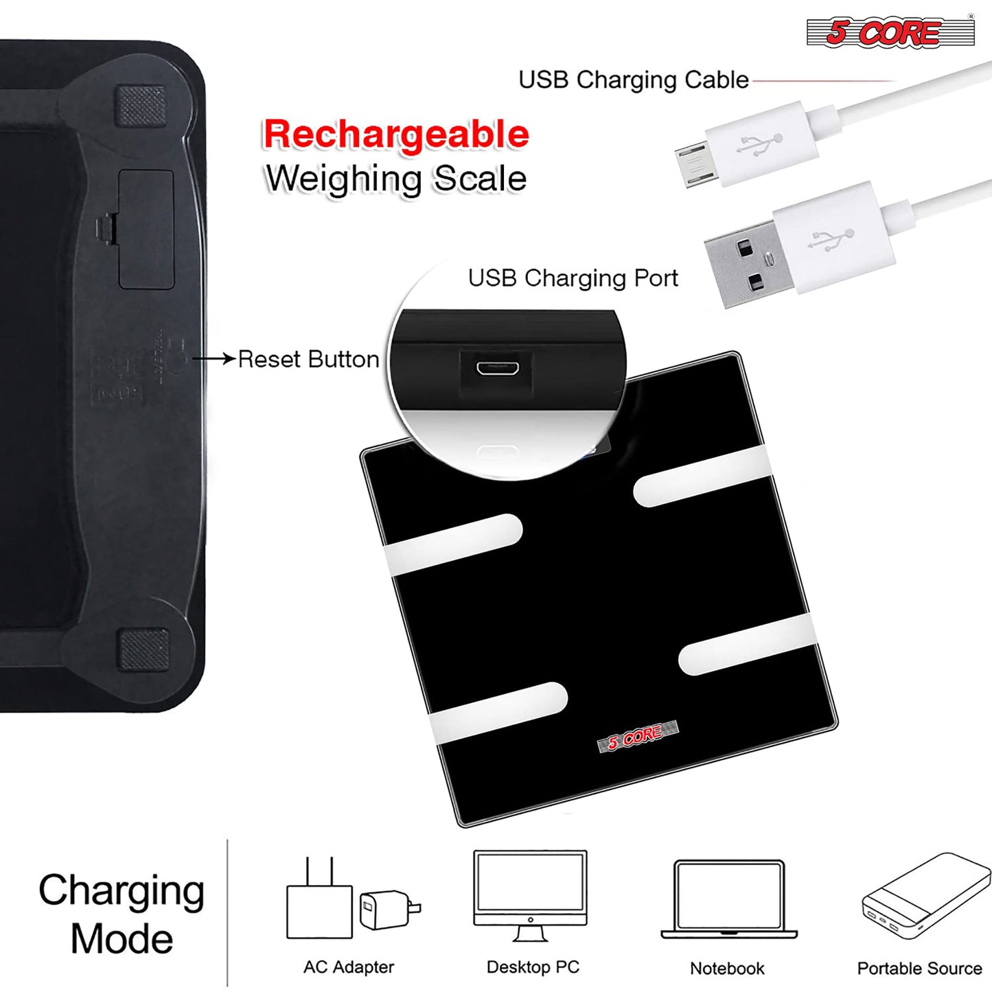 Kcubeinc Rechargeable Smart Digital Bathroom Weighing Scale with Body Fat and Water Weight for People, Bluetooth BMI Electronic Body Analyzer Machine, 400 lbs. BBS HL R BLK