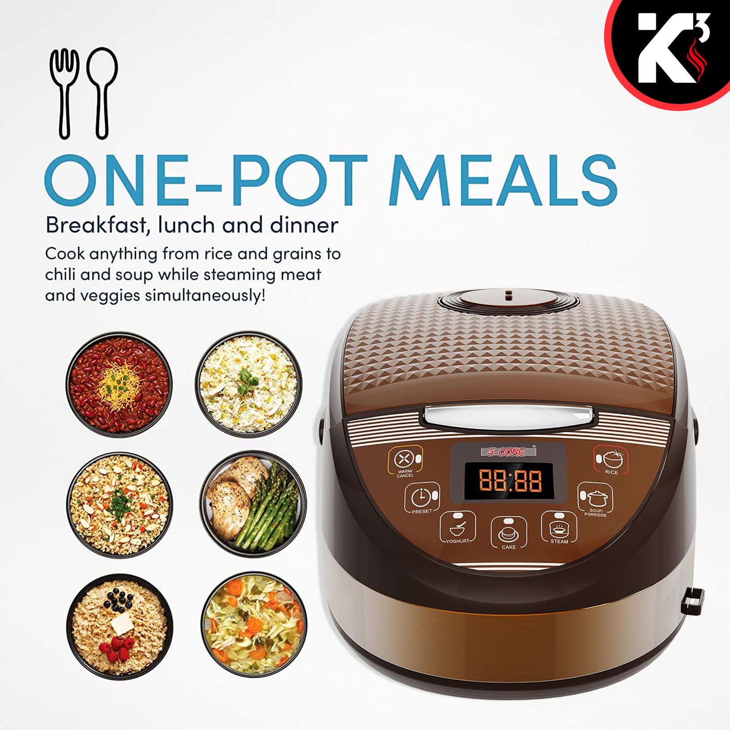 Kcubeinc 5.3Qt Asian Rice Cooker Digital Programmable 15-in-1 Ergonomic Large Touch Screen Electric Multi Cooker Slow Cooker Steamer Pot Warmer 11 Cups 24 Hour Delay Timer Auto Keep Warm Feature RC 0502