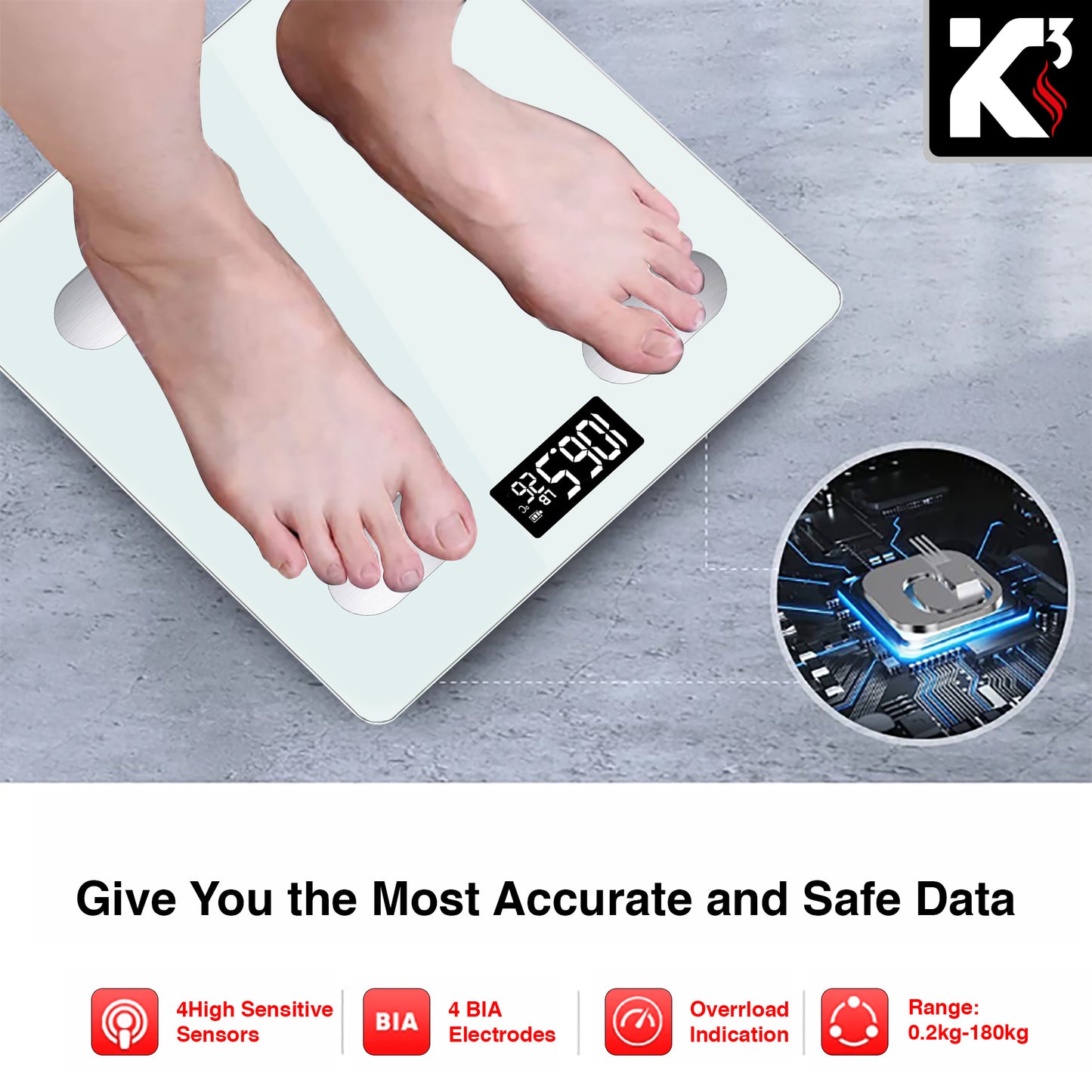 Kcubeinc Smart Digital Bathroom Weighing Scale with Body Fat and Water Weight for People, Bluetooth BMI Electronic Body Analyzer Machine, 400 lbs. BBS HL B WH