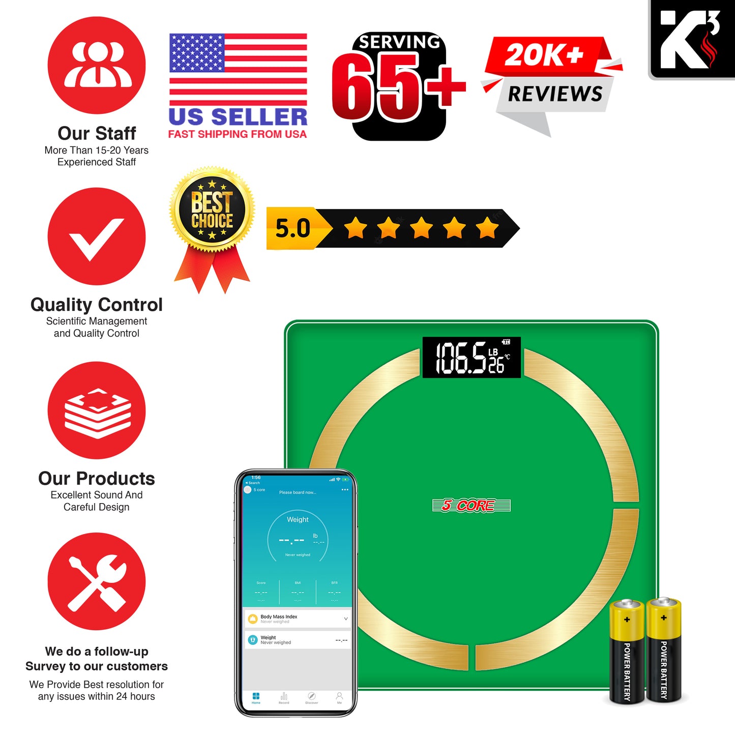 Kcubeinc Smart Digital Scale for Body Weight and Fat Percentage, Battery Power Digital Bathroom Smart Scale Bluetooth Body Fat Scale, BMI Monitor with App 400lbs- BBS 03 B SG