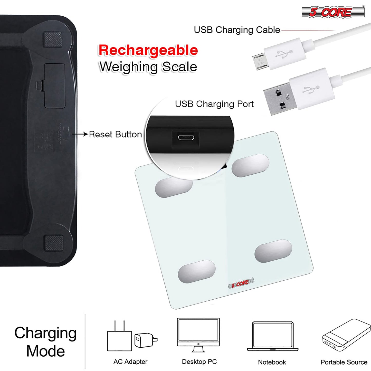 Kcubeinc Rechargeable Smart Digital Bathroom Weighing Scale with Body Fat and Water Weight for People, Bluetooth BMI Electronic Body Analyzer Machine, 400 lbs. BBS HL R WH