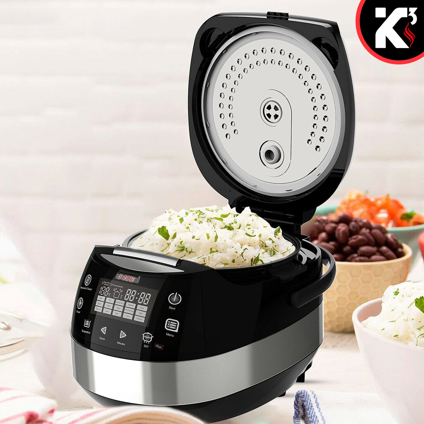 Kcubeinc 5.3Qt Asian Rice Cooker Digital Programmable 15-in-1 Ergonomic Large Touch Screen Electric Multi Cooker Slow Cooker Steamer Pot Warmer 11 Cups 24 Hour Delay Timer Auto Keep Warm Feature RC 0501