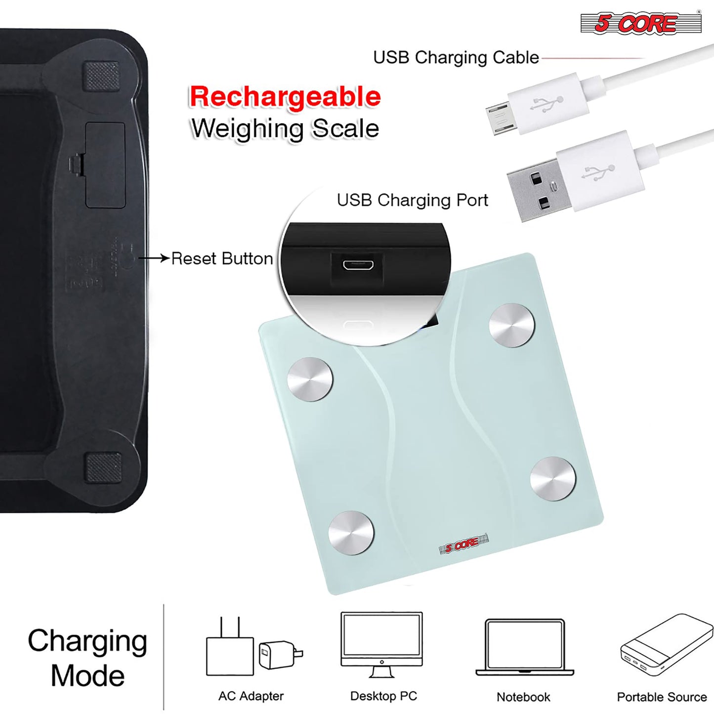 Kcubeinc Digital Scale for Body Weight Bathroom Scales Large Display Rechargeable Batteries BS 01 R WH