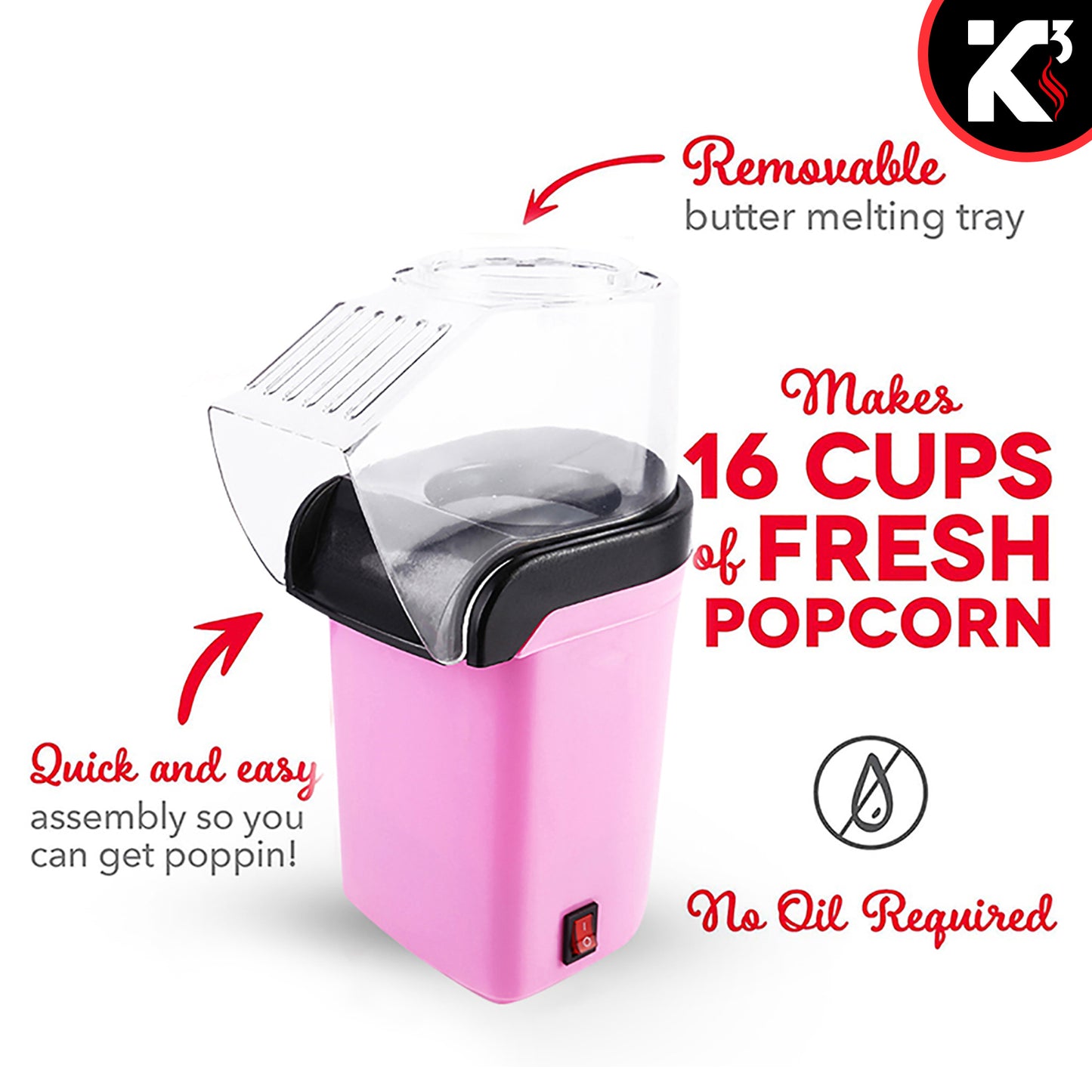 Kcubeinc Popcorn Machine Hot Air Electric Popper Kernel Corn Maker Bpa Free No Oil POP P