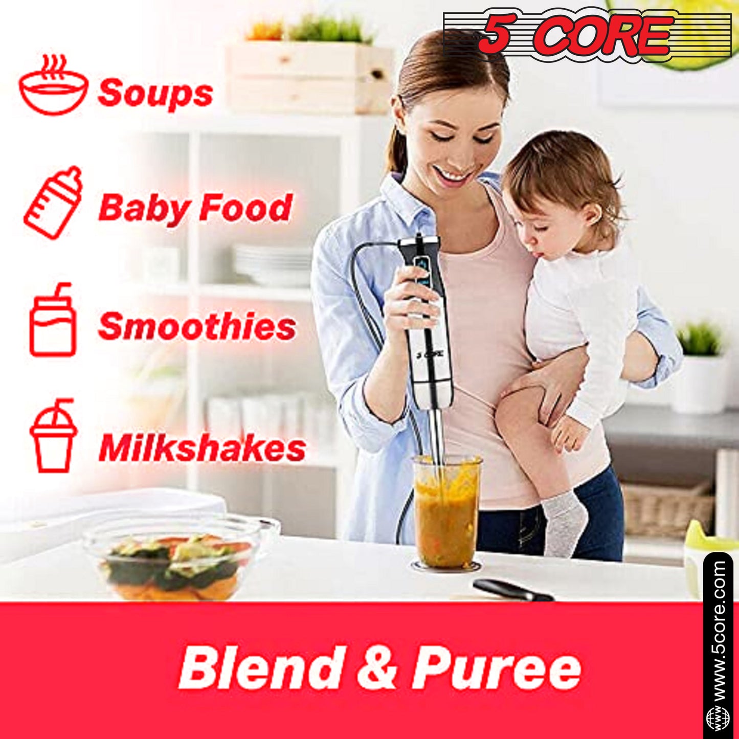 Powerful Immersion Blender Red| 500 Watt Multi-Purpose Hand Blender Heavy Duty Copper Motor 304 Stainless Steel Blades| for Soup, Smoothie, Puree, Baby Food, 304 Stainless Steel Blades- HB 1520