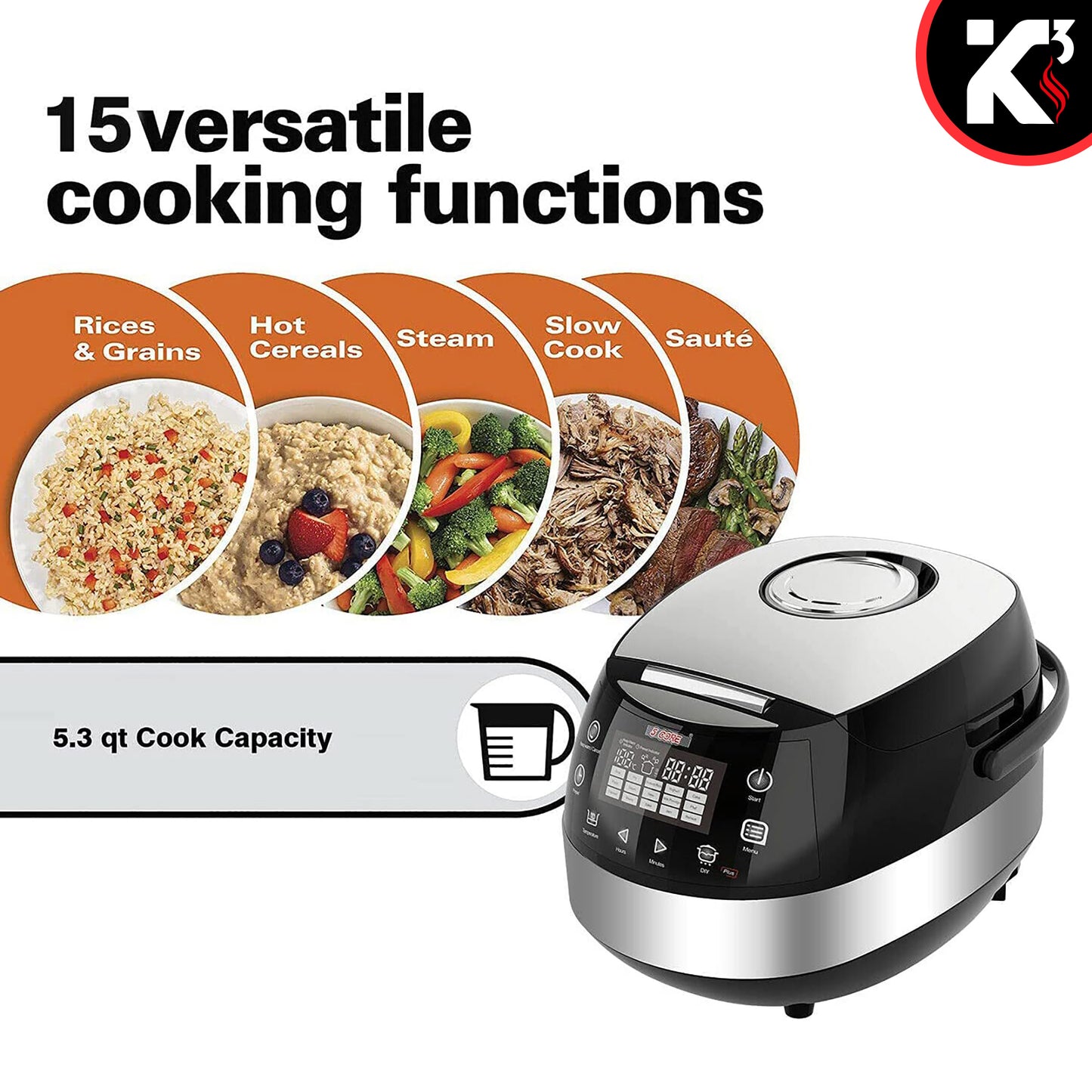 Kcubeinc 5.3Qt Asian Rice Cooker Digital Programmable 15-in-1 Ergonomic Large Touch Screen Electric Multi Cooker Slow Cooker Steamer Pot Warmer 11 Cups 24 Hour Delay Timer Auto Keep Warm Feature RC 0501