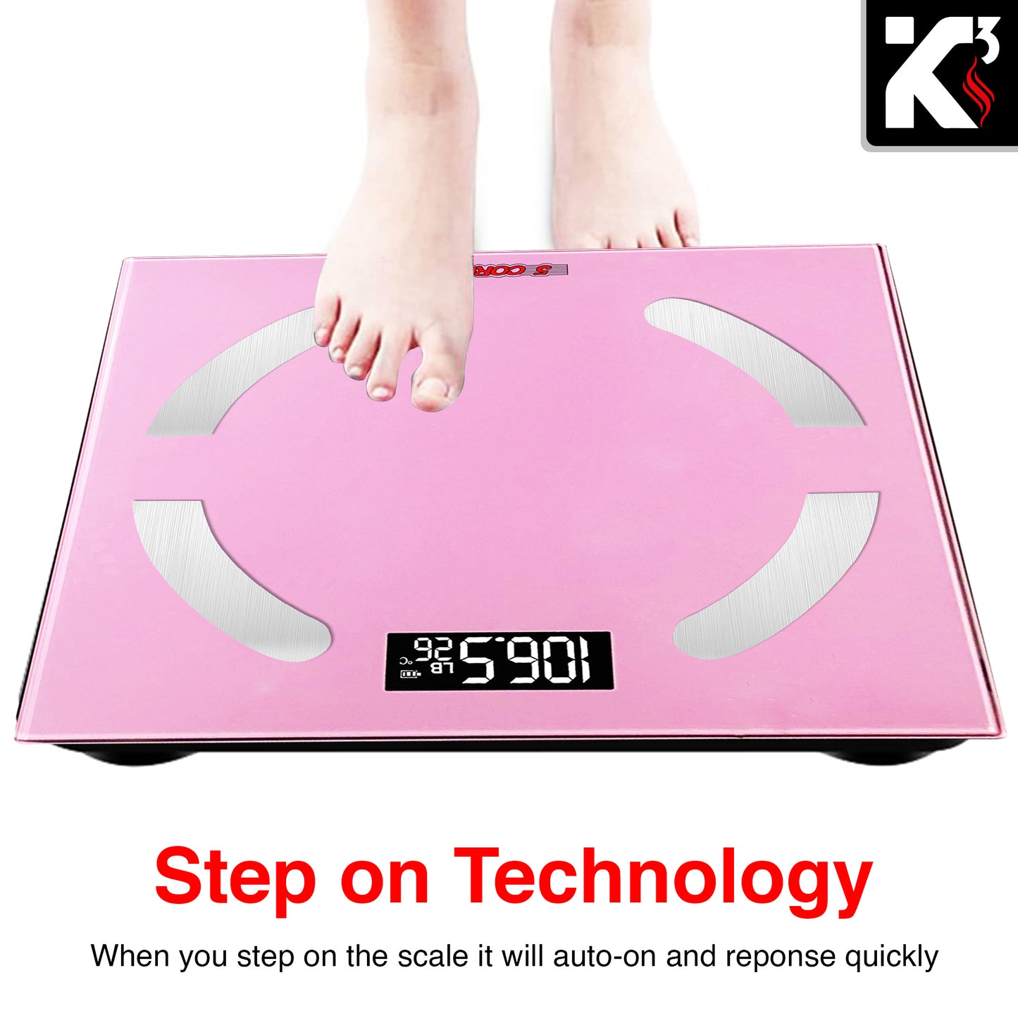 Kcubeinc Rechargeable Smart Digital Bathroom Weighing Scale with Body Fat and Water Weight for People, Bluetooth BMI Electronic Body Analyzer Machine, 400 lbs. BBS 03 R PNK