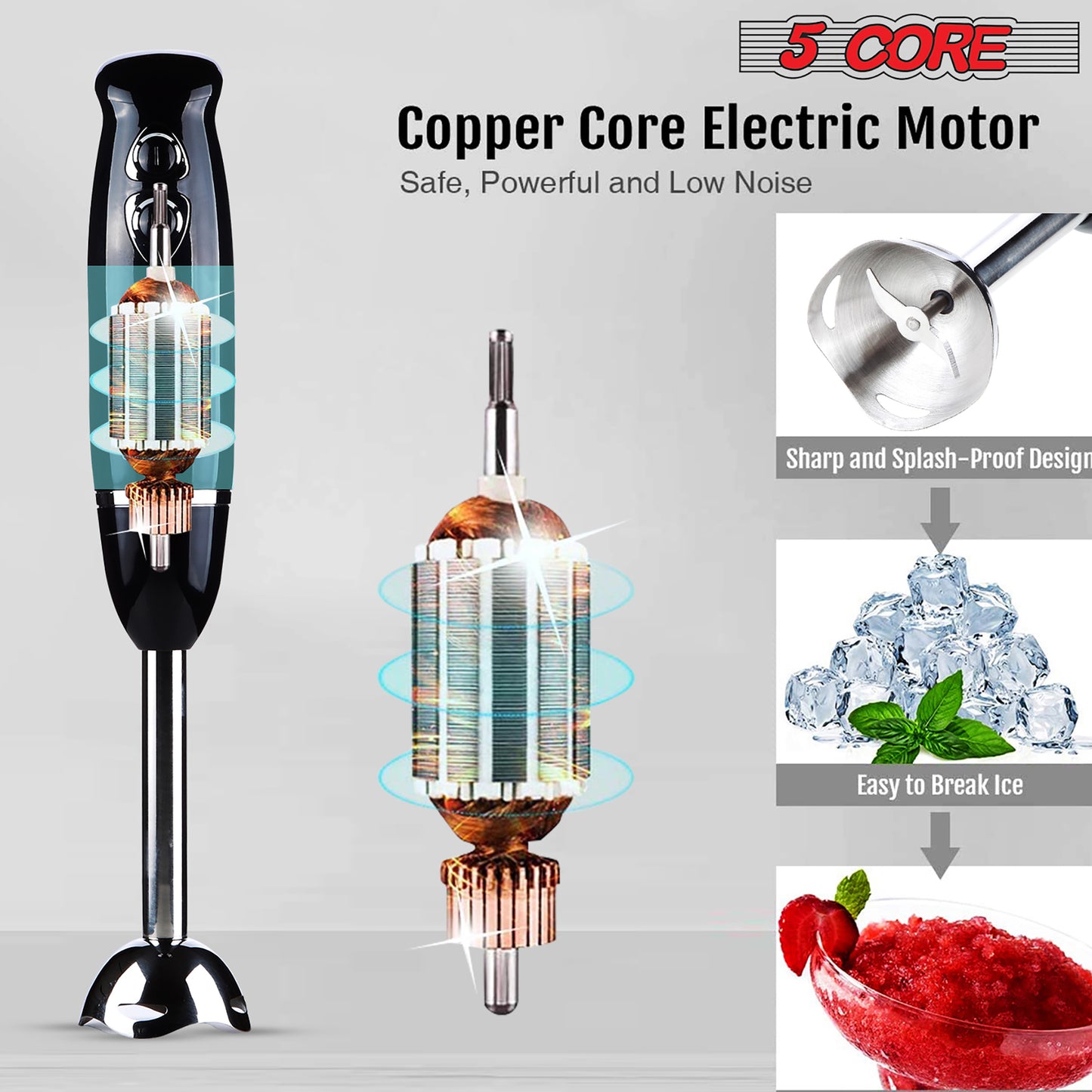 Powerful Immersion Blender Black| 500 Watt Multi-Purpose Hand Blender Heavy Duty Copper Motor w/ Steel Finish | for Soup, Smoothie, Puree, Baby Food, 304 Stainless Steel Blades- HB 1510 BLK