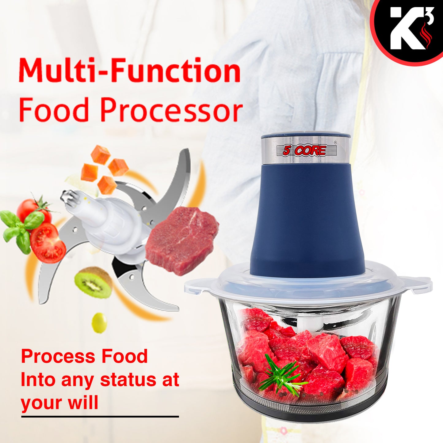 Kcubeinc Electric Food Chopper, 8-Cup Food Processor/ Stainless Steel Motor Unit, and 4 Sharp Blades/ 2L Glass Bowl Grinder for Meat, Vegetables, Fruits and Nuts- MG S GB