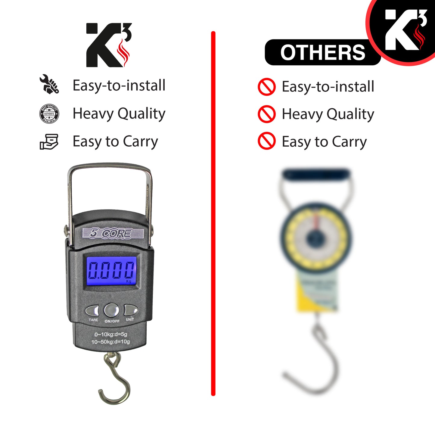 Kcubeinc Fish Scale 110lb/50kg Capacity Backlit Blue LCD Display/ Fishing Scale with Built-in Measuring Tape/ Hanging Hook Scale Operates with 2 AAA Batteries- LS-006