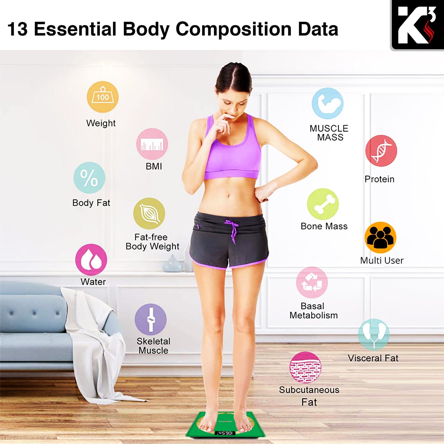 Kcubeinc Smart Digital Scale for Body Weight and Fat Percentage, Battery Power Digital Bathroom Smart Scale Bluetooth Body Fat Scale, BMI Monitor with App 400lbs- BBS 03 B SG