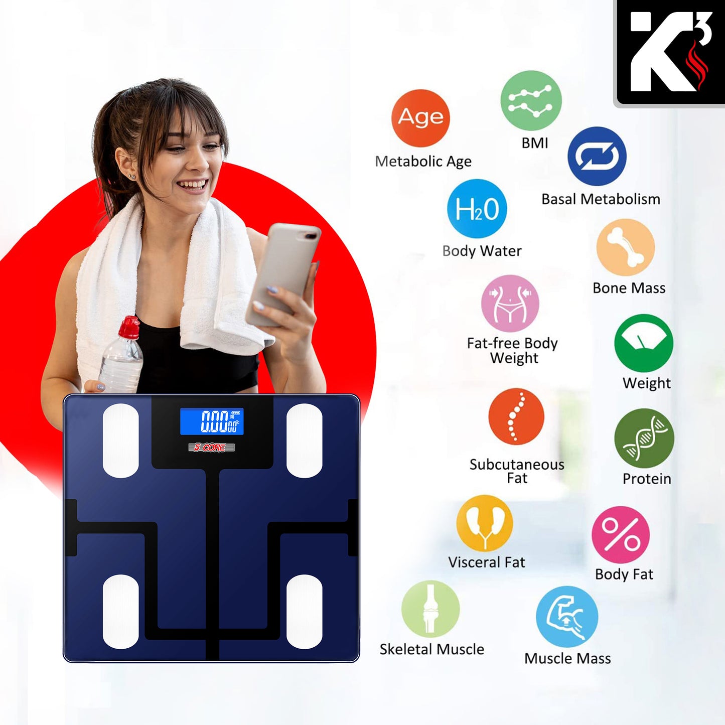Kcubeinc Smart Digital Bathroom Weighing Scale with Body Fat and Water Weight for People, Bluetooth BMI Electronic Body Analyzer Machine, 400 lbs. BBS VL B BLU