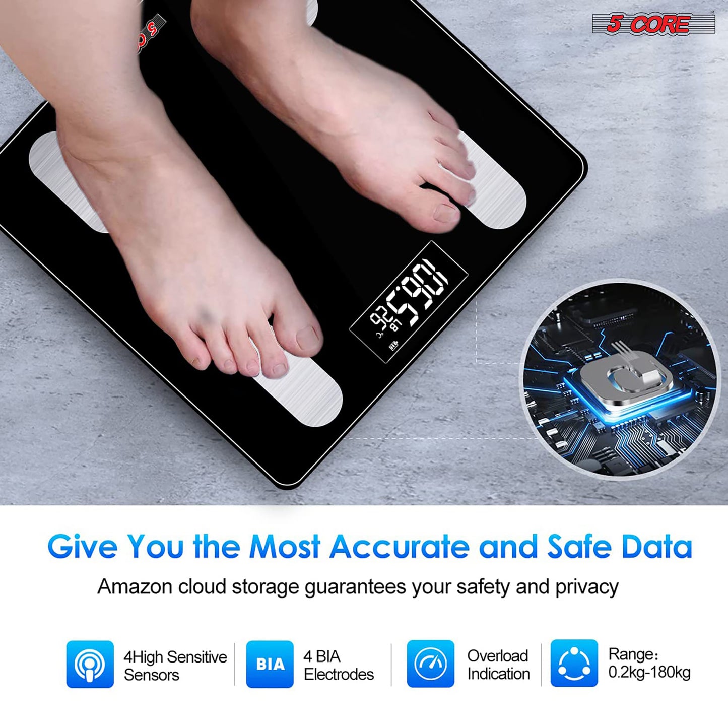 Kcubeinc Rechargeable Smart Digital Bathroom Weighing Scale with Body Fat and Water Weight for People, Bluetooth BMI Electronic Body Analyzer Machine, 400 lbs. BBS VL R BLK