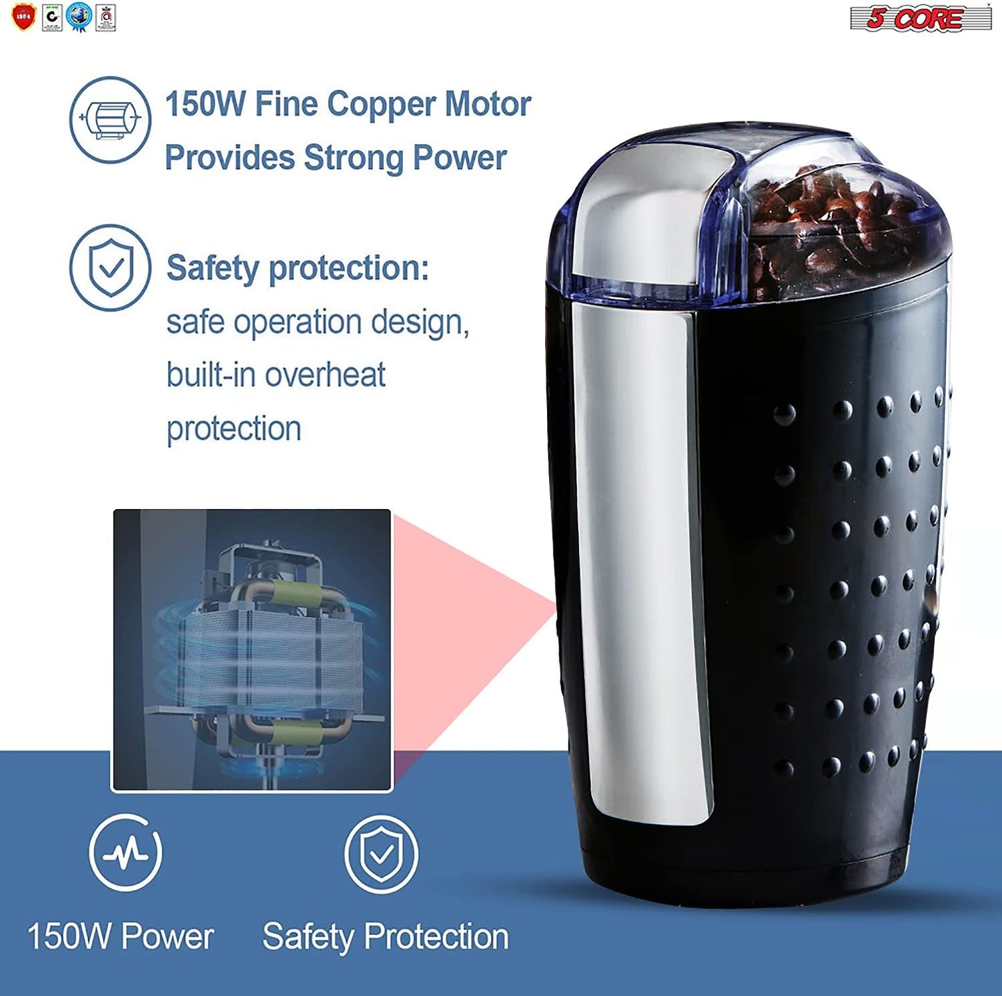 2 Pieces Electric Coffee Grinder Spice Grinders Large Portable Compact with Stainless Blade Grinder CG 01 BR & BL