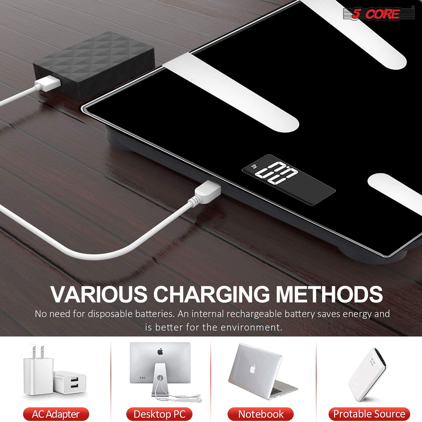 Kcubeinc Rechargeable Smart Digital Bathroom Weighing Scale with Body Fat and Water Weight for People, Bluetooth BMI Electronic Body Analyzer Machine, 400 lbs. BBS HL R BLK