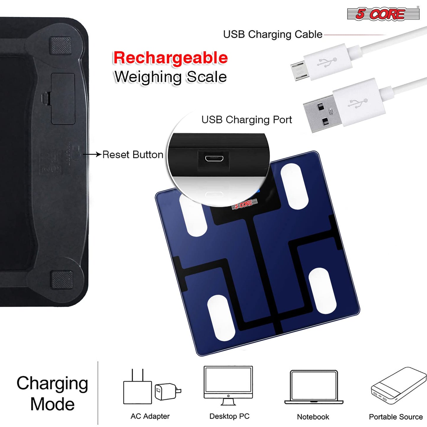 Kcubeinc Rechargeable Smart Digital Bathroom Weighing Scale with Body Fat and Water Weight for People, Bluetooth BMI Electronic Body Analyzer Machine, 400 lbs. BBS VL R BLU