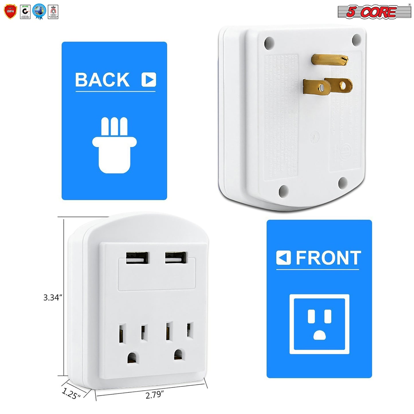 USB Wall Charger White with Surge Protector | Charging Power Outlet with 2 USB Ports and 2 AC Plug Expanders | Safe Wall Adapter for Travel, Home, Office, Cruise Dorm Essentials- 2U2O-1