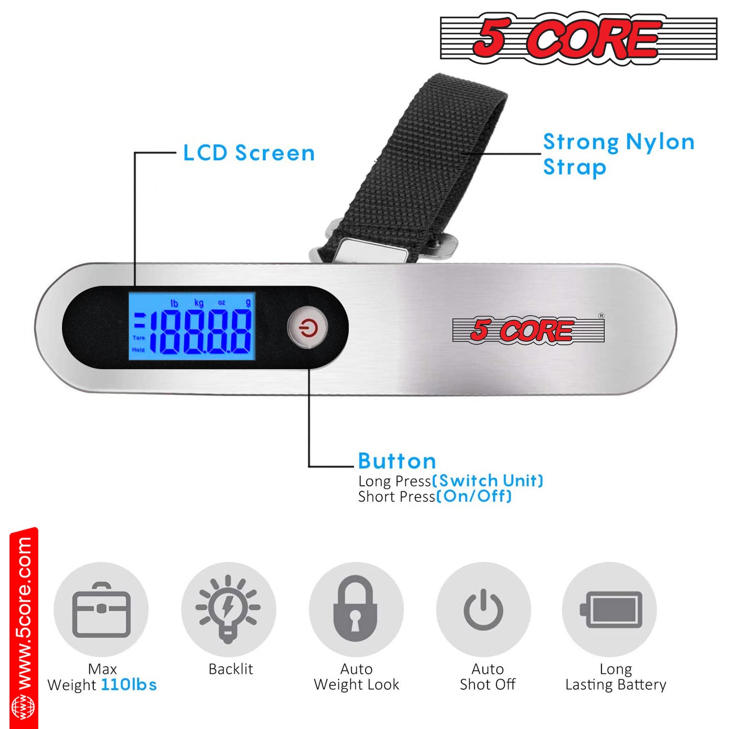 Kcubeinc 110 Pounds Digital Hanging Luggage Scale with Backlit/ Scale for Travel, Rubber Paint Handle and Battery Included- LS-005