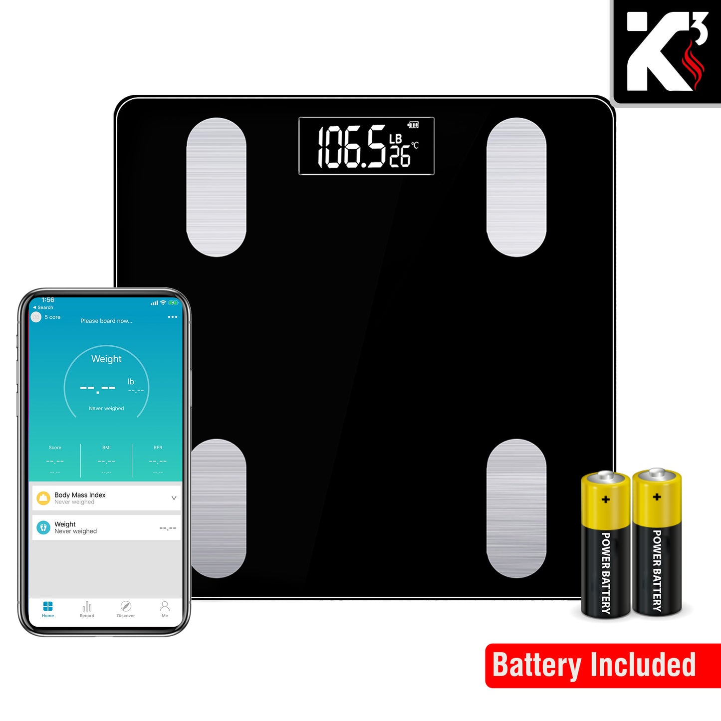 Kcubeinc Smart Digital Bathroom Weighing Scale with Body Fat and Water Weight for People, Bluetooth BMI Electronic Body Analyzer Machine, 400 lbs. BBS VL B BLK