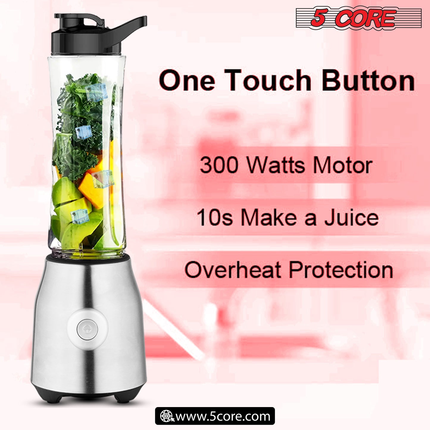 Personal Blender 20 Oz Capacity| BPA Free Food Processor with Portable Bottle 600ml| 300W Electric Motor Powerful Blender with 4 Stainless Steel Blades| For Shakes and Smoothies - 5C 521