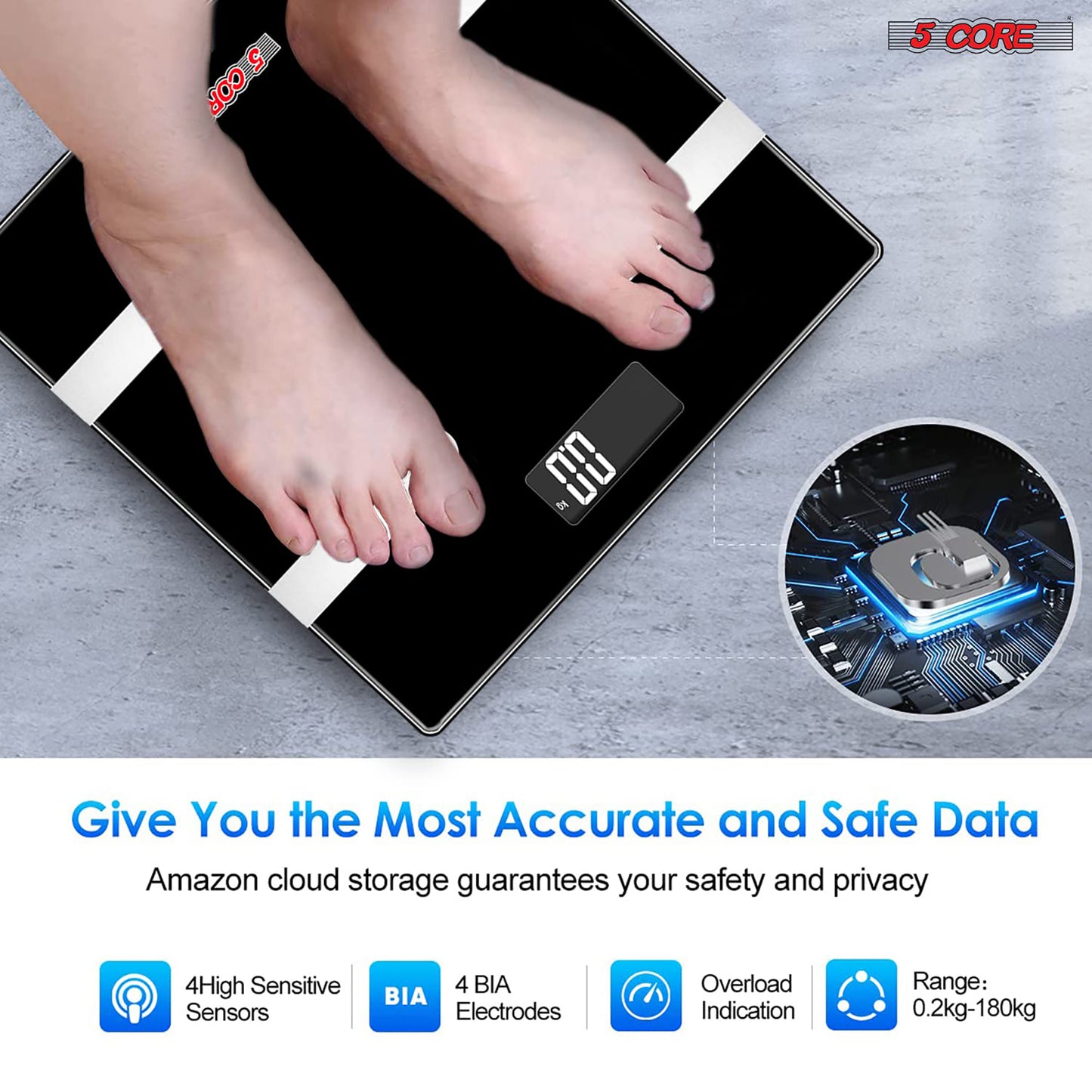 Kcubeinc Rechargeable Smart Digital Bathroom Weighing Scale with Body Fat and Water Weight for People, Bluetooth BMI Electronic Body Analyzer Machine, 400 lbs. BBS HL R BLK