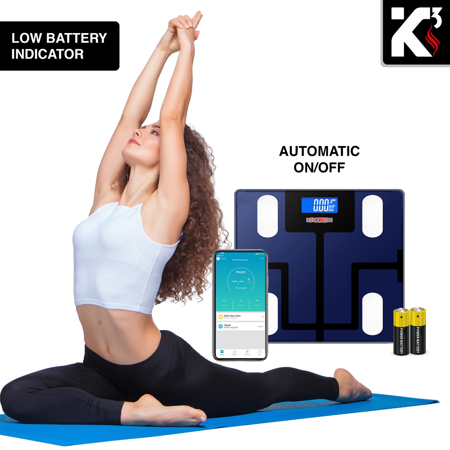 Kcubeinc Smart Digital Bathroom Weighing Scale with Body Fat and Water Weight for People, Bluetooth BMI Electronic Body Analyzer Machine, 400 lbs. BBS VL B BLU