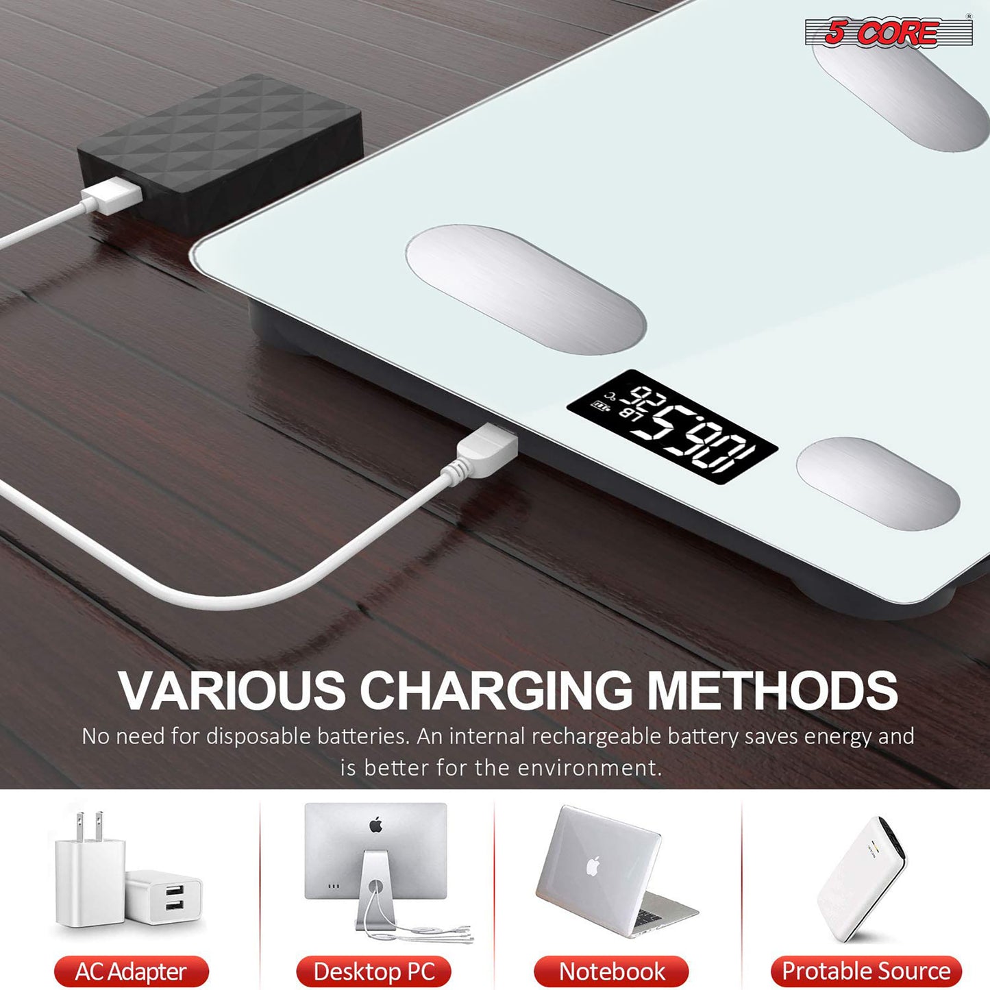 Kcubeinc Rechargeable Smart Digital Bathroom Weighing Scale with Body Fat and Water Weight for People, Bluetooth BMI Electronic Body Analyzer Machine, 400 lbs. BBS HL R WH